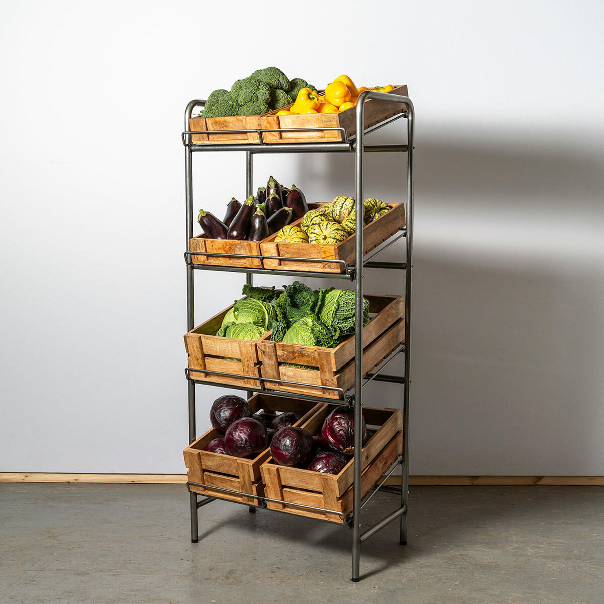 Camberwell retail stand 4 shelf with chatto wooden crates featuring a multi-tiered layout for product positioning.