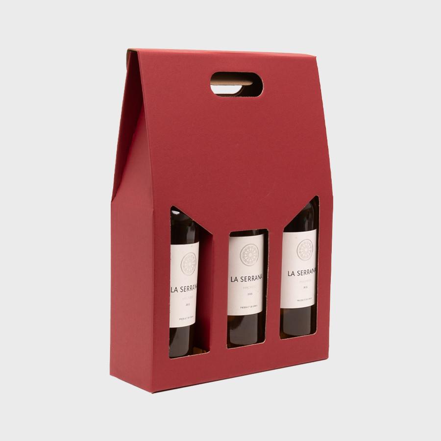 3 Bottle red top opening gift box with windows from high-density rigid paperboard.