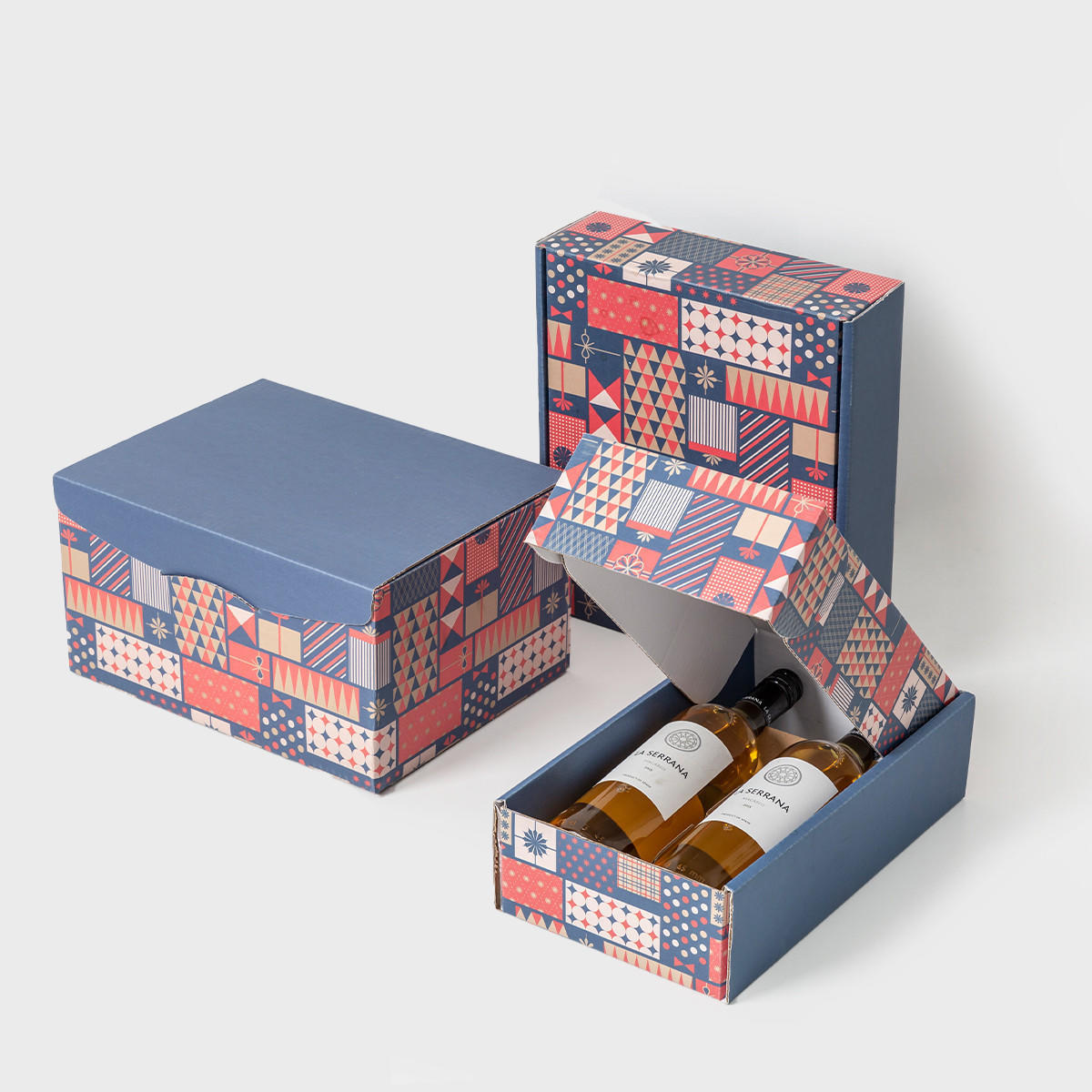 2 Bottle red and blue christmas gift box from high-density rigid paperboard.