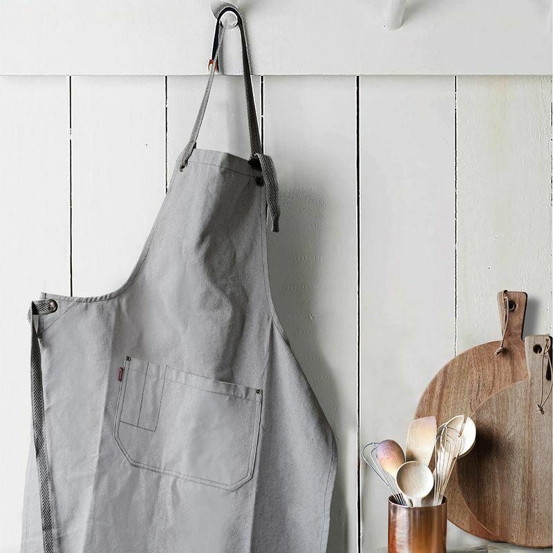 12oz light grey recycled canvas hospitality apron tailored from heavy canvas with reinforcing seams.