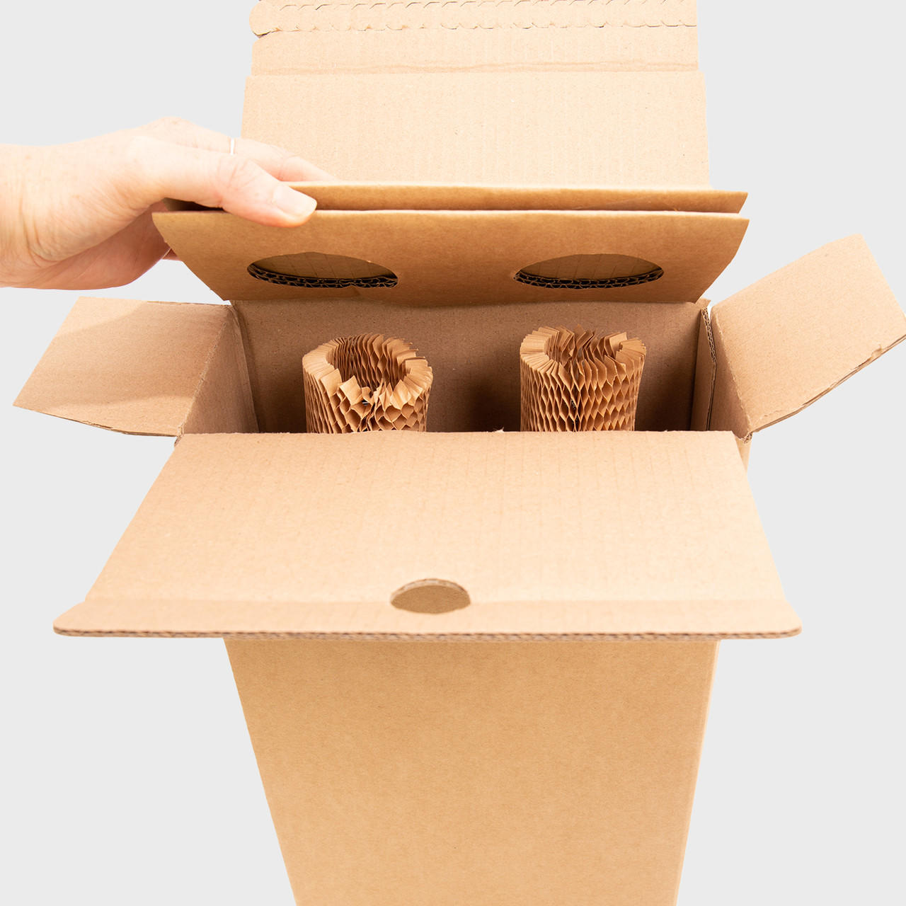 2 bottle honeycomb shipping box from thick, impact-resistant inner for bottle security.