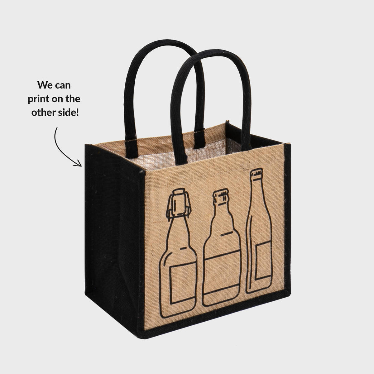 6 beer bottle printed jute bag with removable dividers.