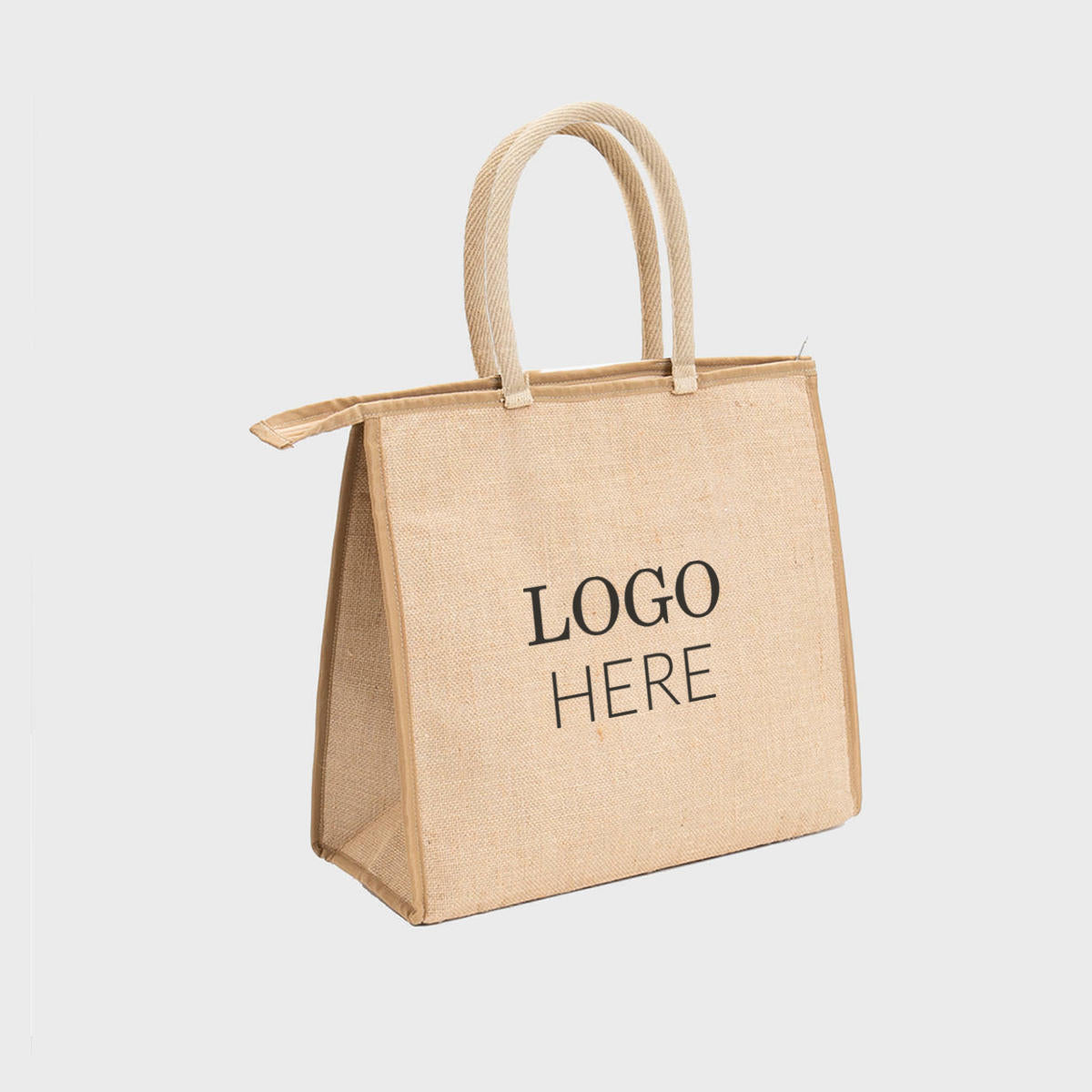Large natural jute cooler bag with padded handles.