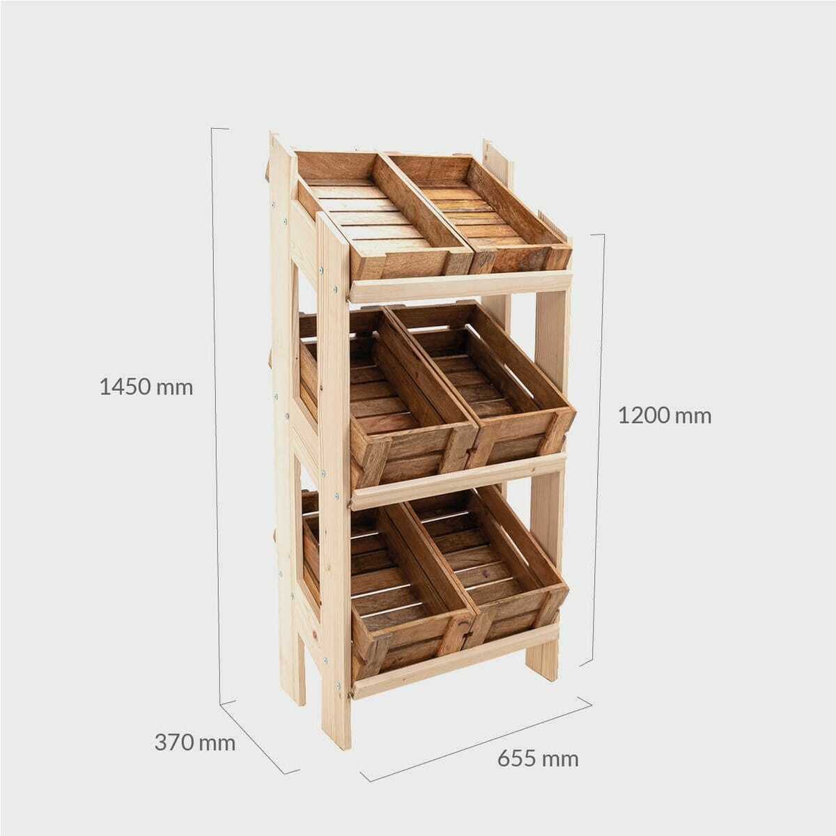 Norwood 3-shelf stand with mango wood crates 650 featuring a multi-tiered layout for product positioning.