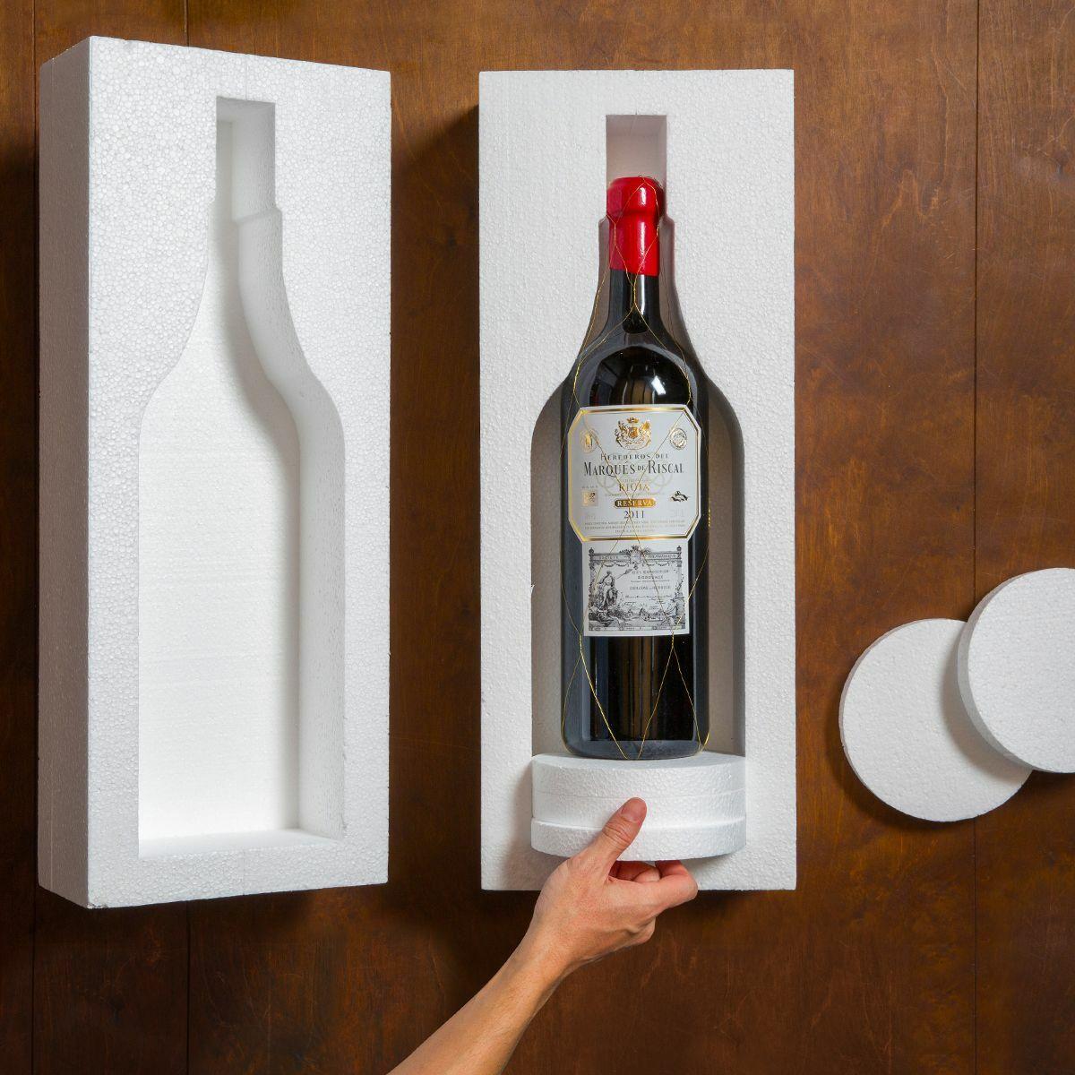 Double magnum aka jeroboam bottle Polysafe shipping box from thick, impact-resistant inner for bottle security.