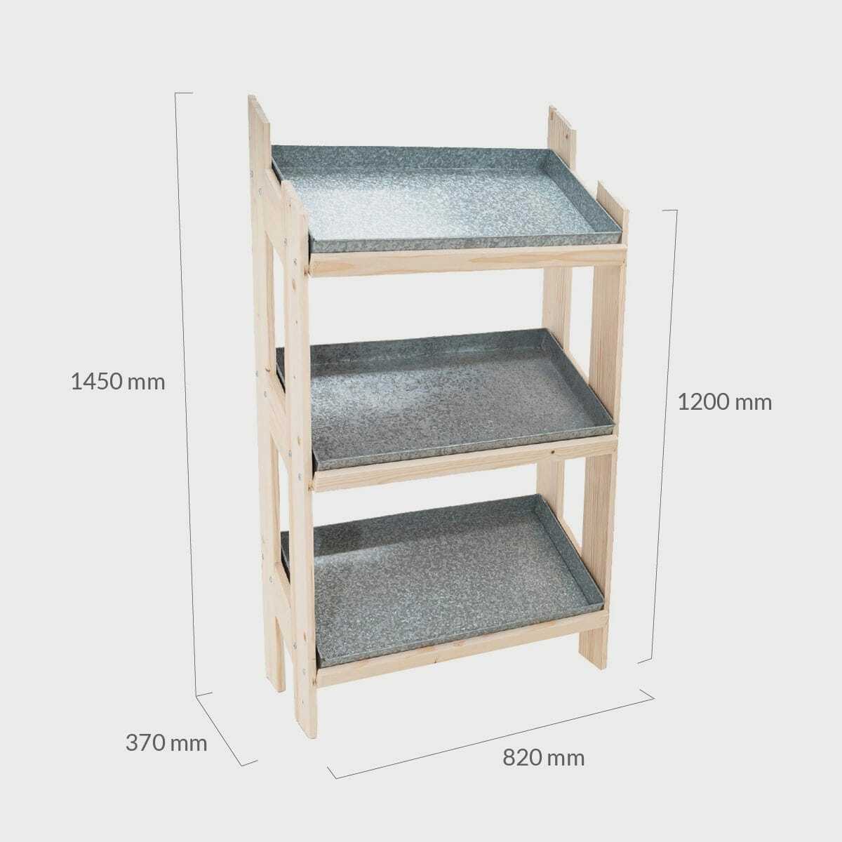 Norwood 3-shelf stand with galvanised trays and blackboard 820 with a clean surface for visible retail messaging.