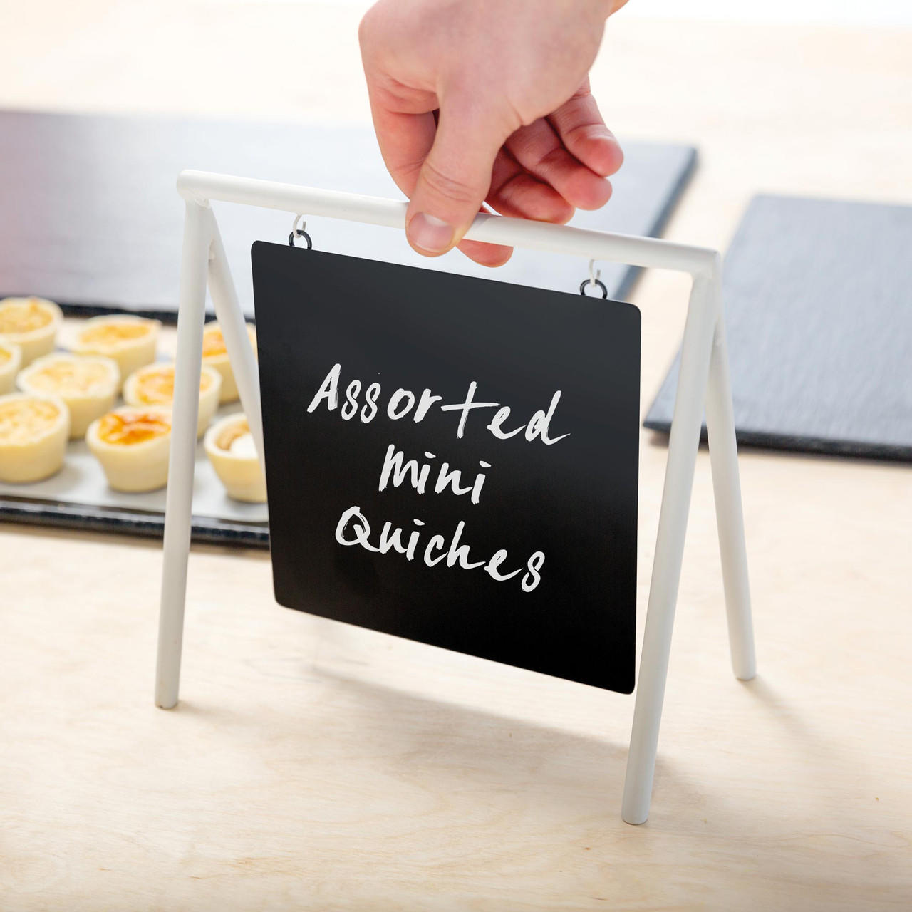 Square black and white table sign.