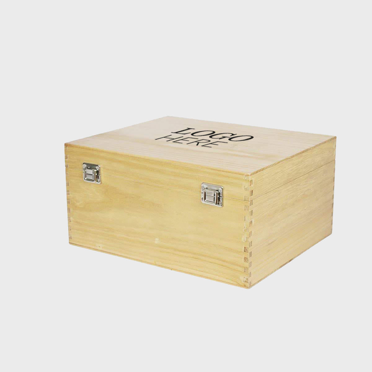 6 bottle wooden with hinged lid box with premium natural wood grain and secure hardware closures.