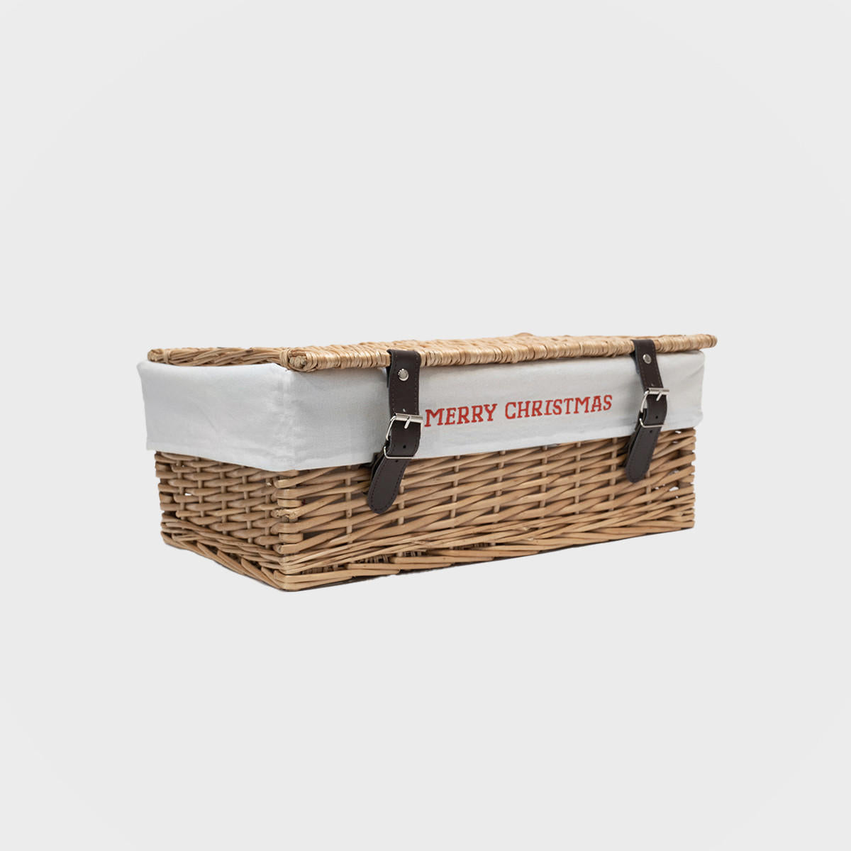 Wicker hamper with embroidered merry christmas liner hand-woven from natural split-wicker.