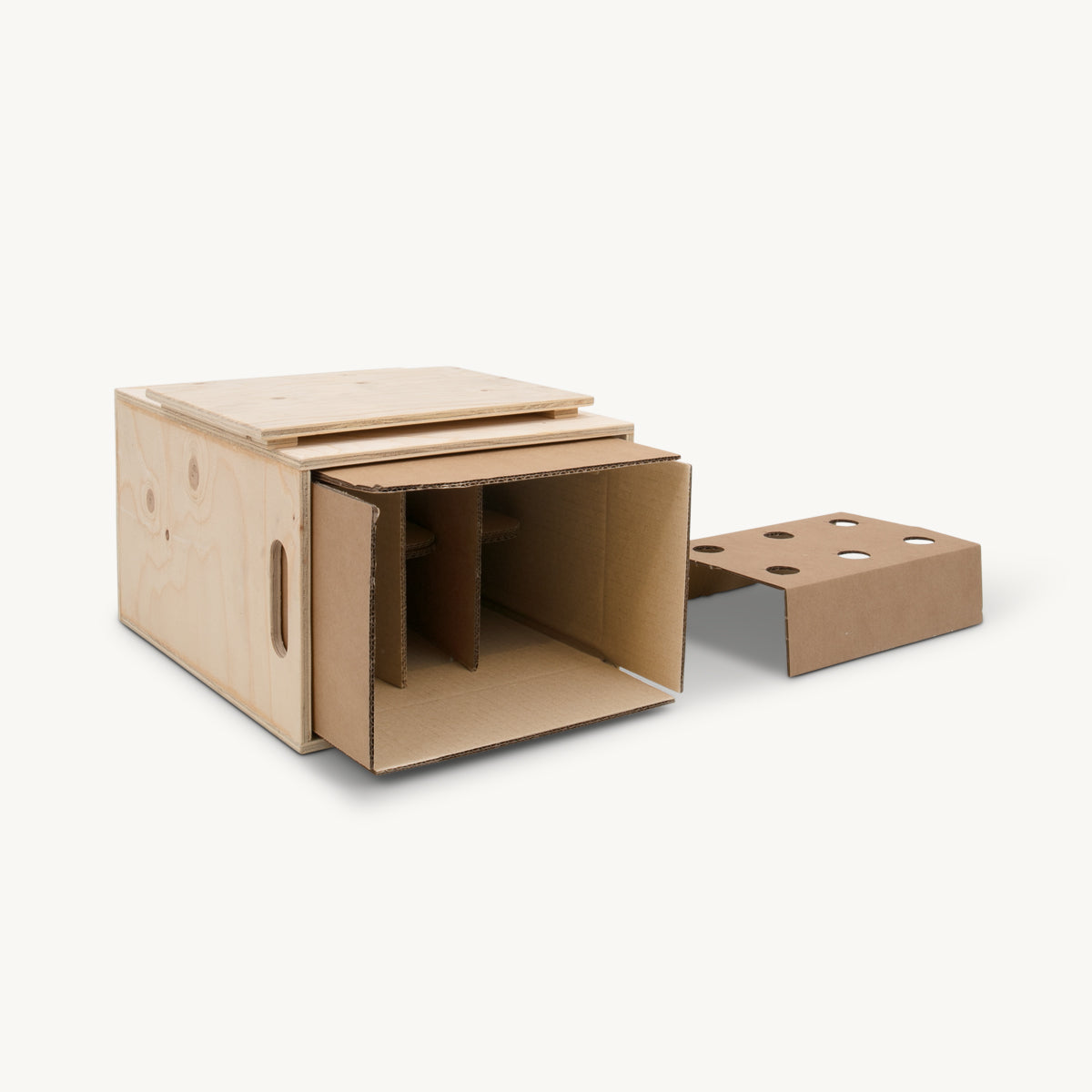 Tall wooden hamper box with drop on lid from high-density rigid paperboard.
