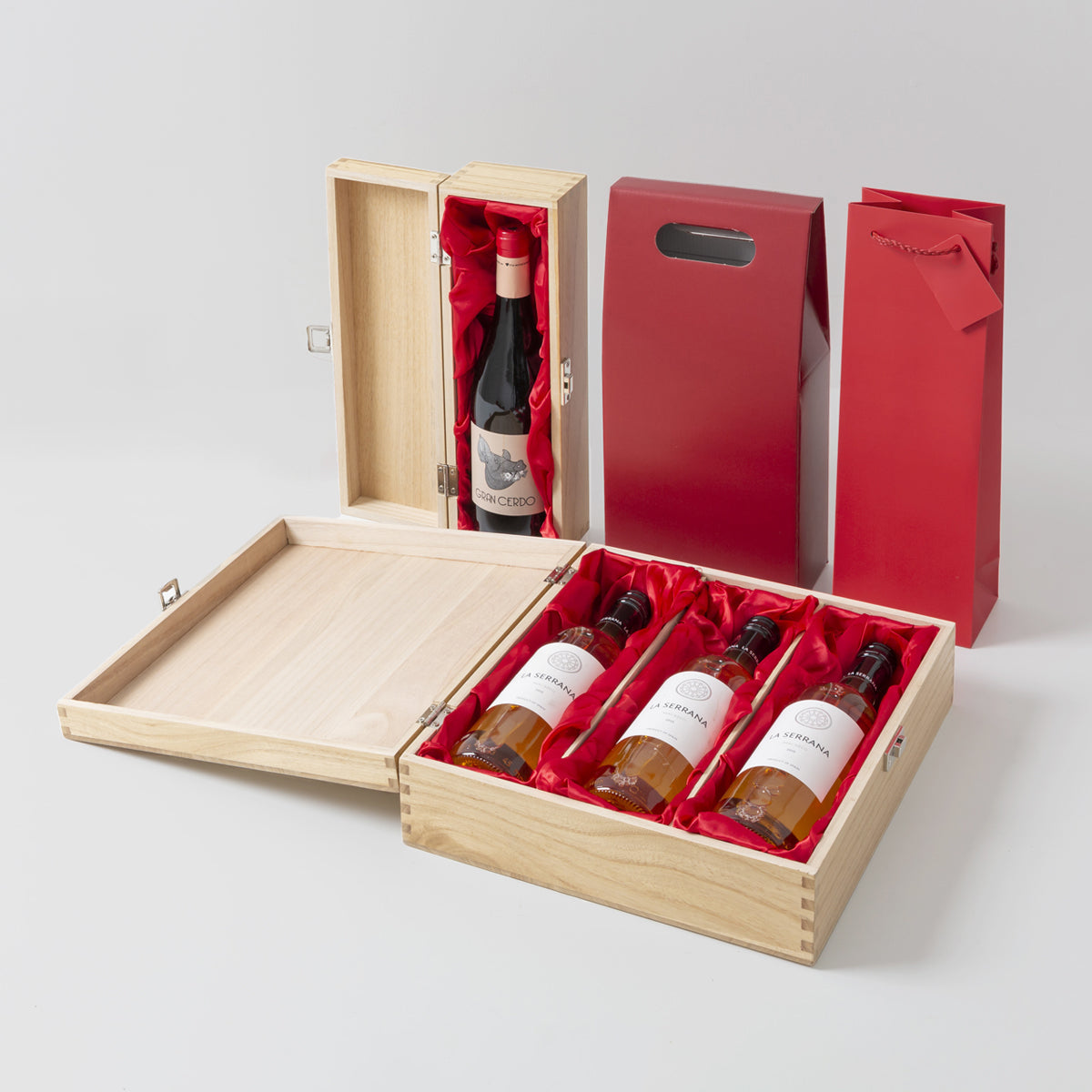 1 bottle tung wooden wine box with hinged lid with premium natural wood grain and secure hardware closures.