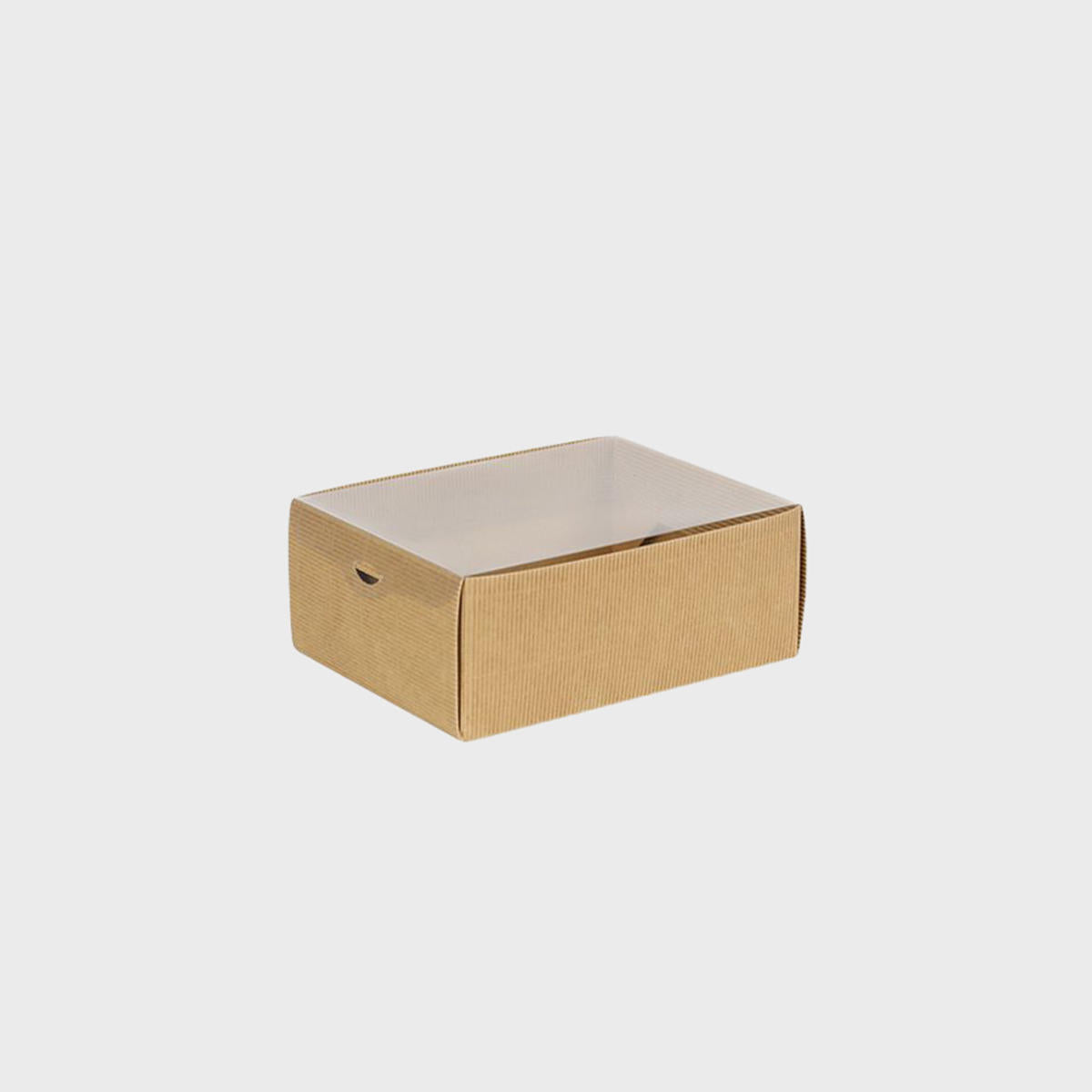 Kraft gift box with clear lid from high-density rigid paperboard.