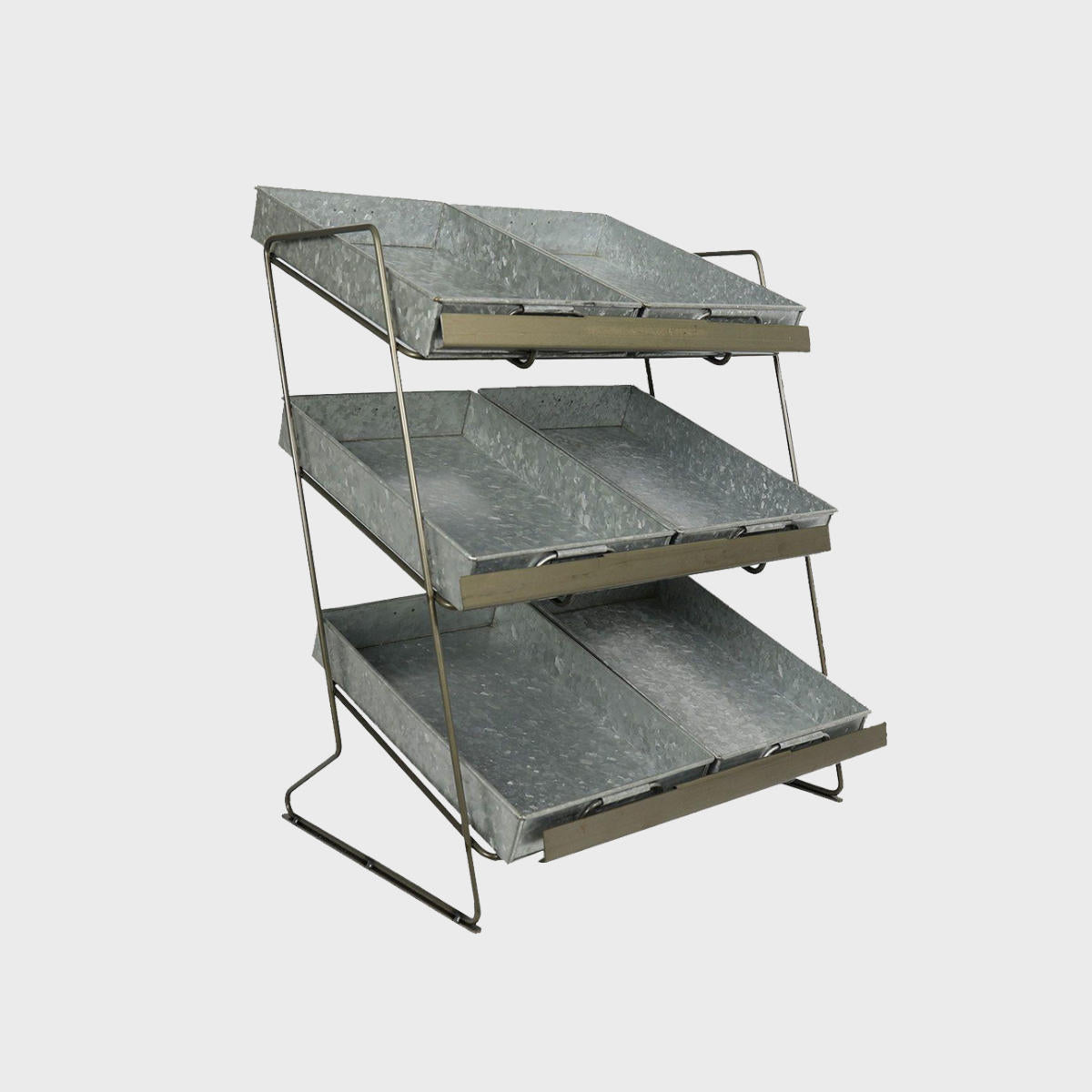 Railton tiered countertop display unit with small metal trays featuring a multi-tiered layout for product positioning.