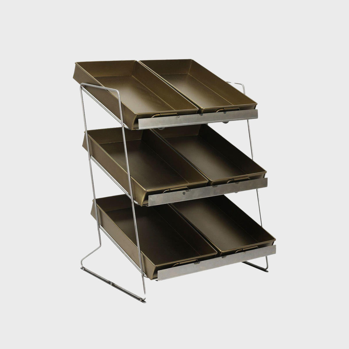 Railton tiered countertop display unit with small brass metal trays featuring a multi-tiered layout for product positioning.