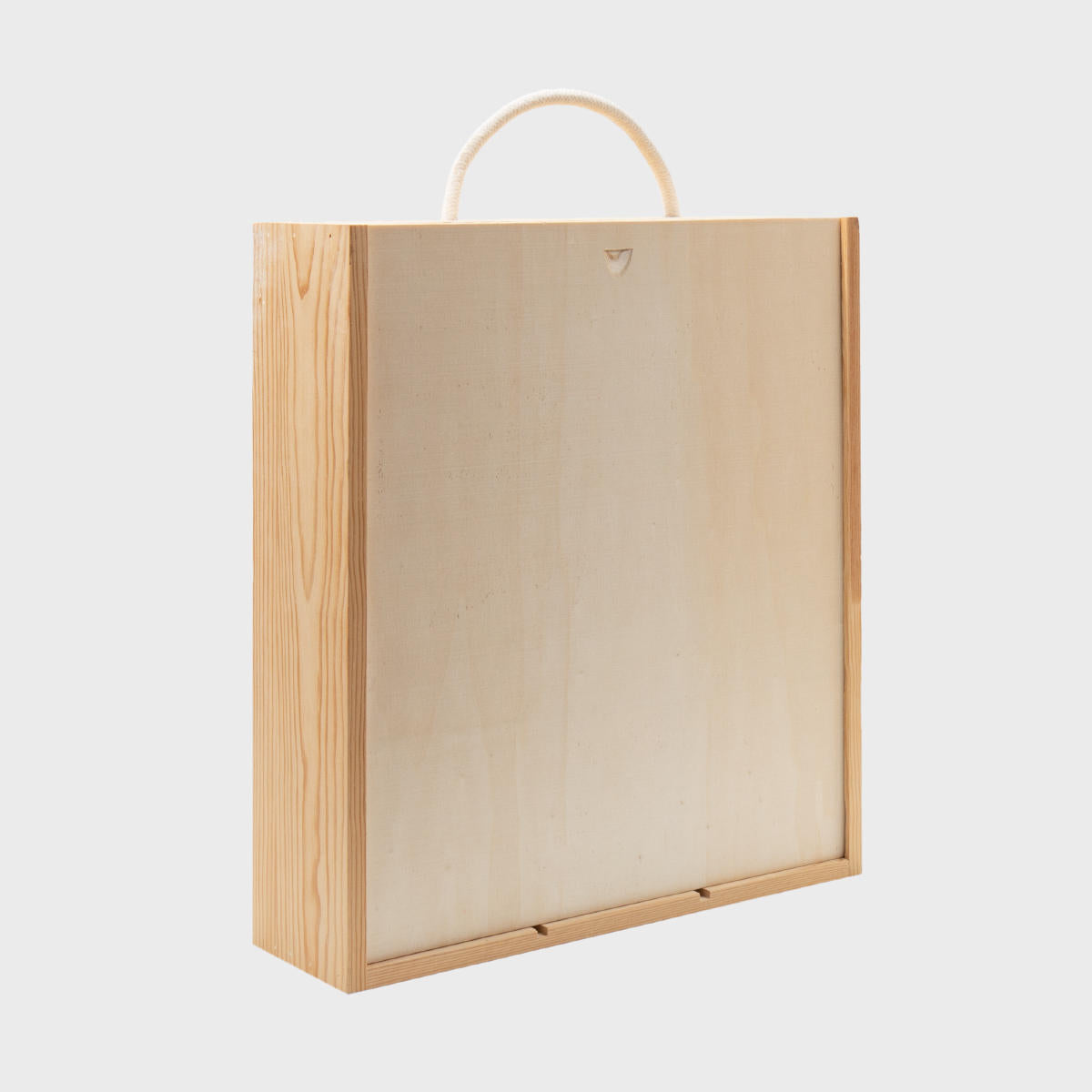 3 Bottle wooden box with rope handle with premium natural wood grain and secure hardware closures.