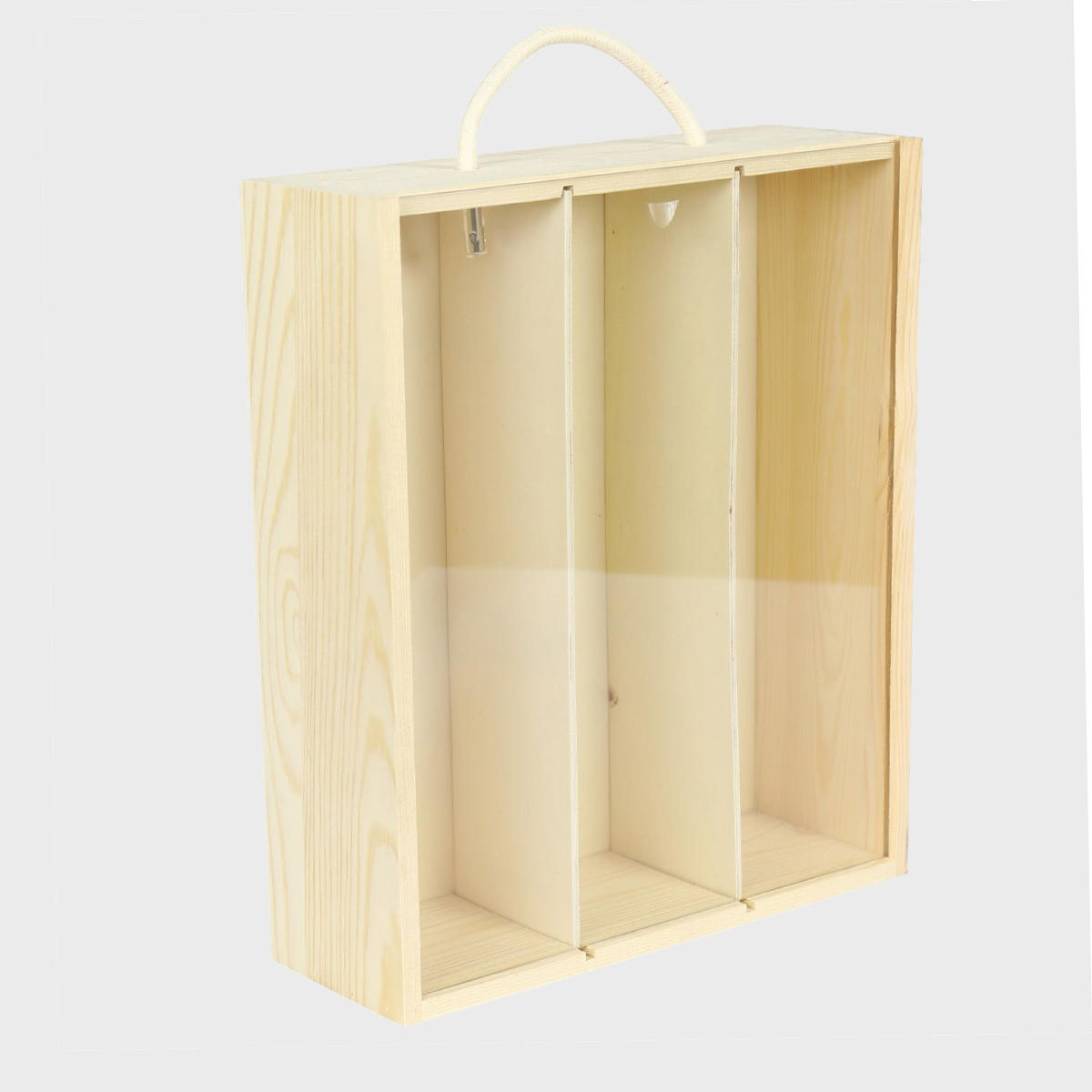 3 Bottle wooden box with rope handle with premium natural wood grain and secure hardware closures.