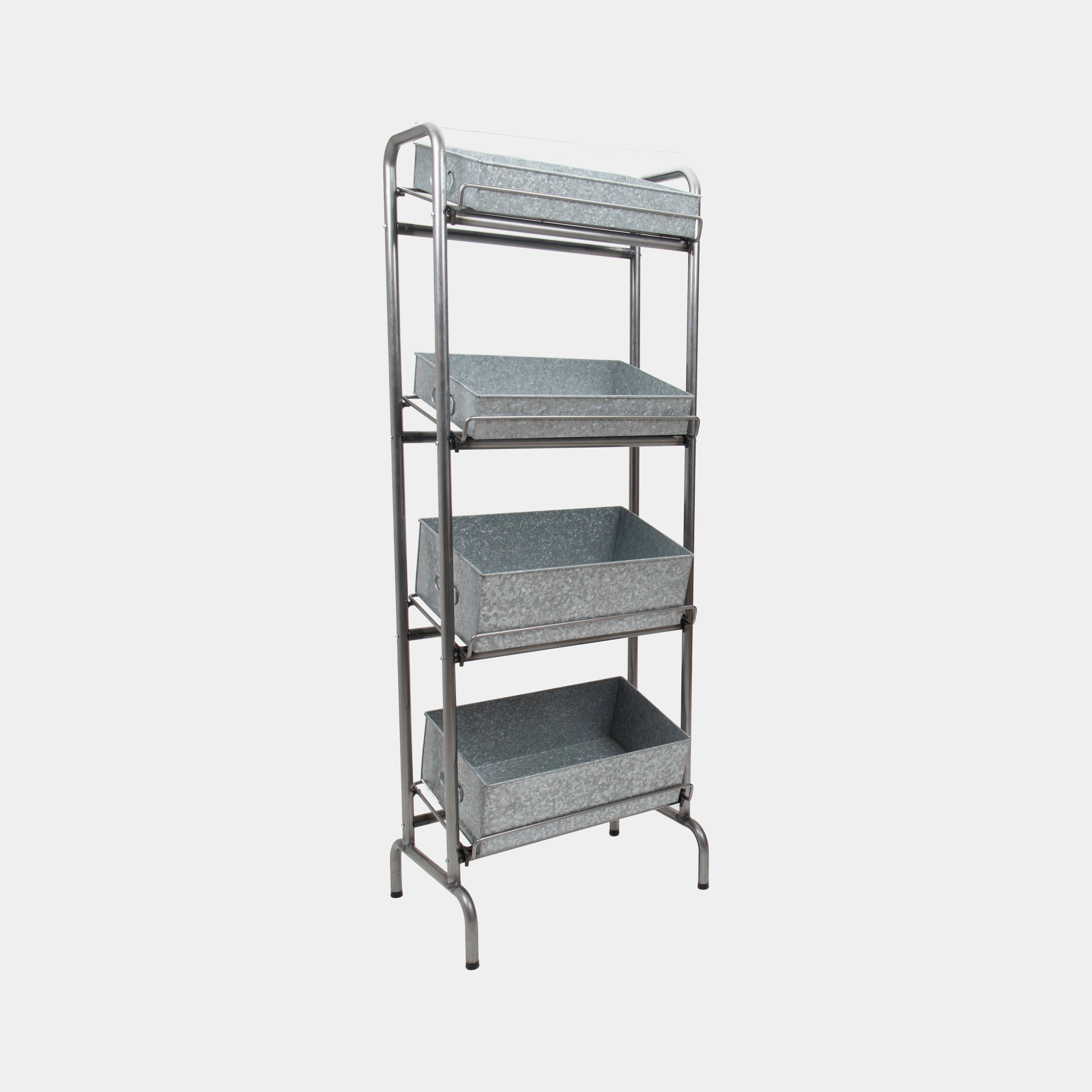 Camberwell retail stand 4 shelf with chatto chatto metal tray featuring a multi-tiered layout for product positioning.