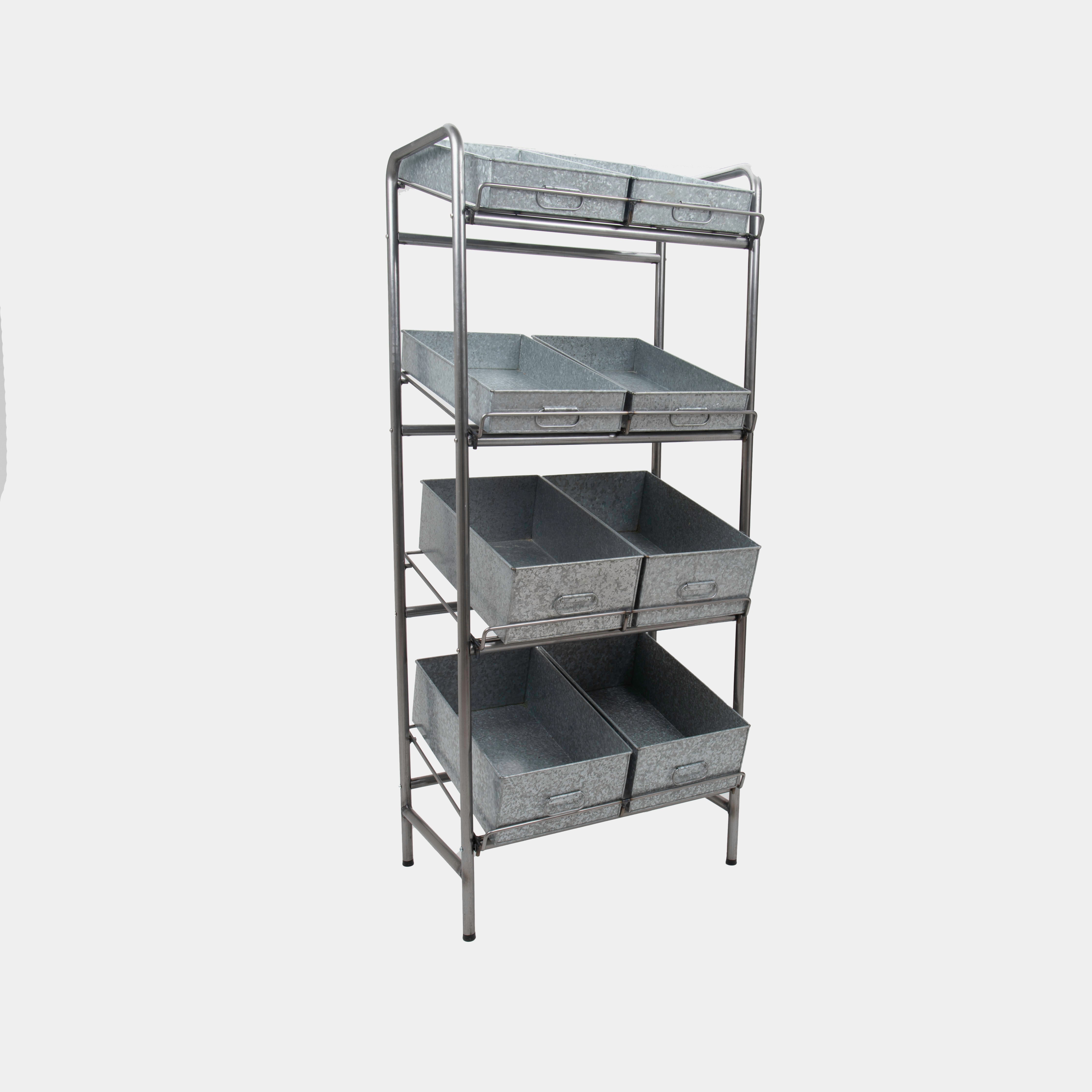 Camberwell retail stand 4 shelf with chatto chatto metal tray featuring a multi-tiered layout for product positioning.