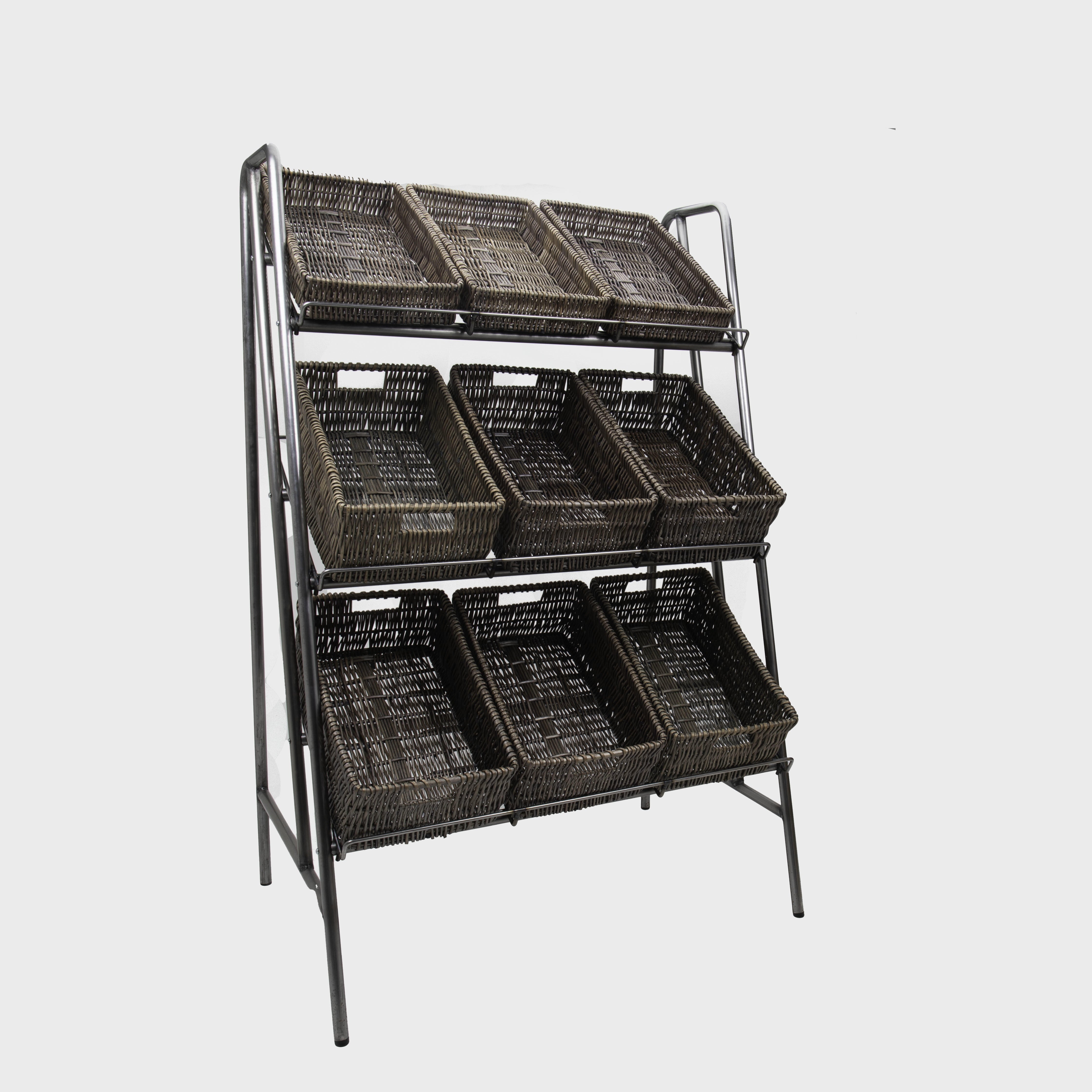 Camberwell retail stand 3 shelf with chatto wicker trays in pewter brown featuring a multi-tiered layout for product positioning.