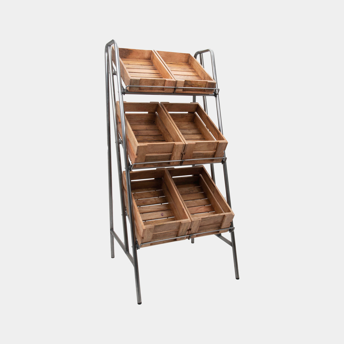 Camberwell retail stand 3 shelf with chatto wooden crates featuring a multi-tiered layout for product positioning.