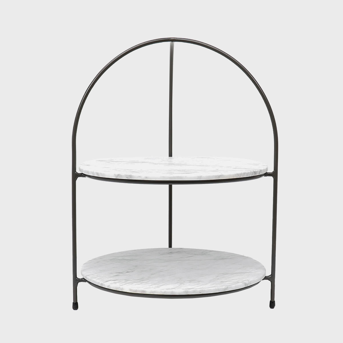 Leander metal tiered riser with light grey marble serving board with polished grey marble texture adding dimension.