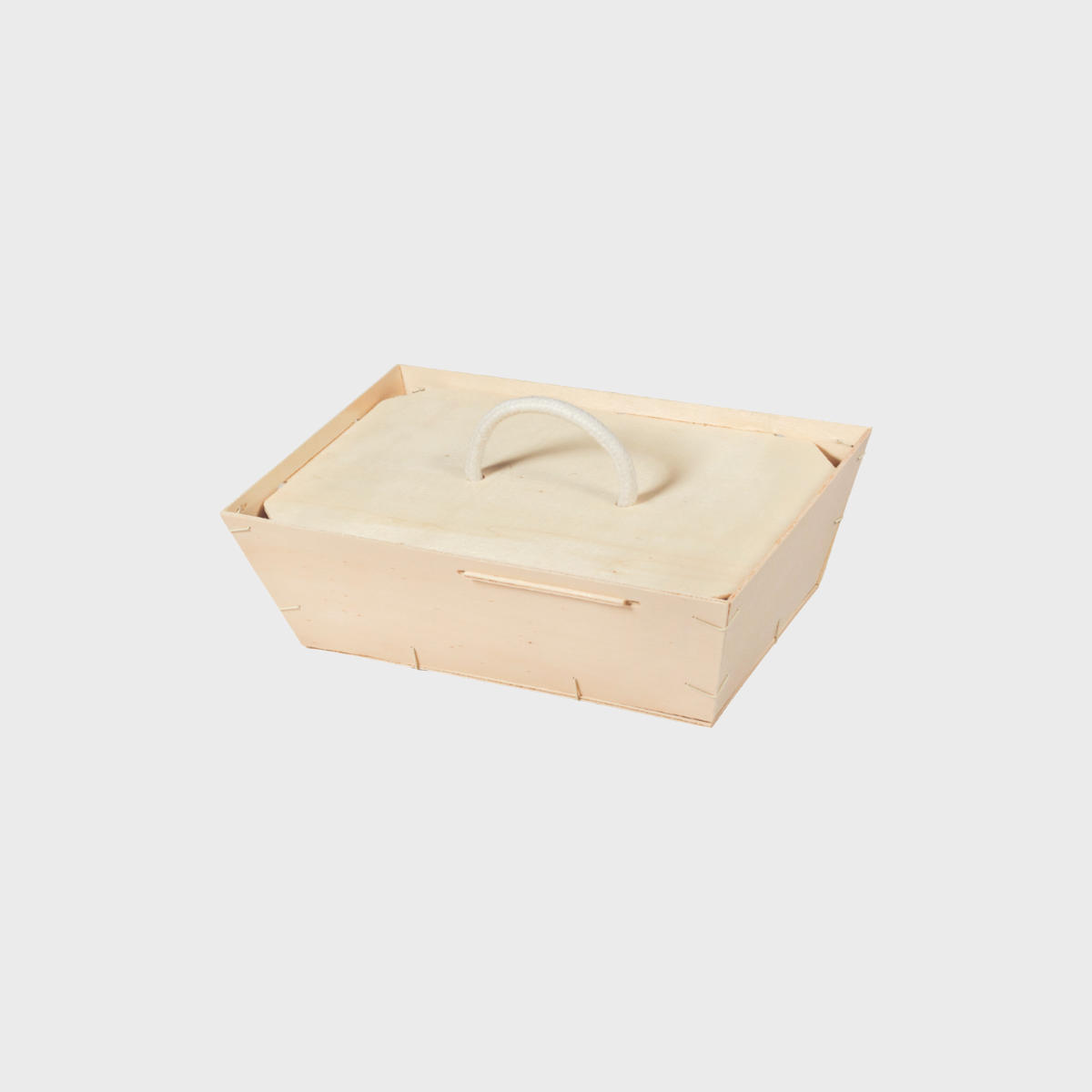 Wooden gift tray with clip on lid with structured, low-profile walls and open-top design.