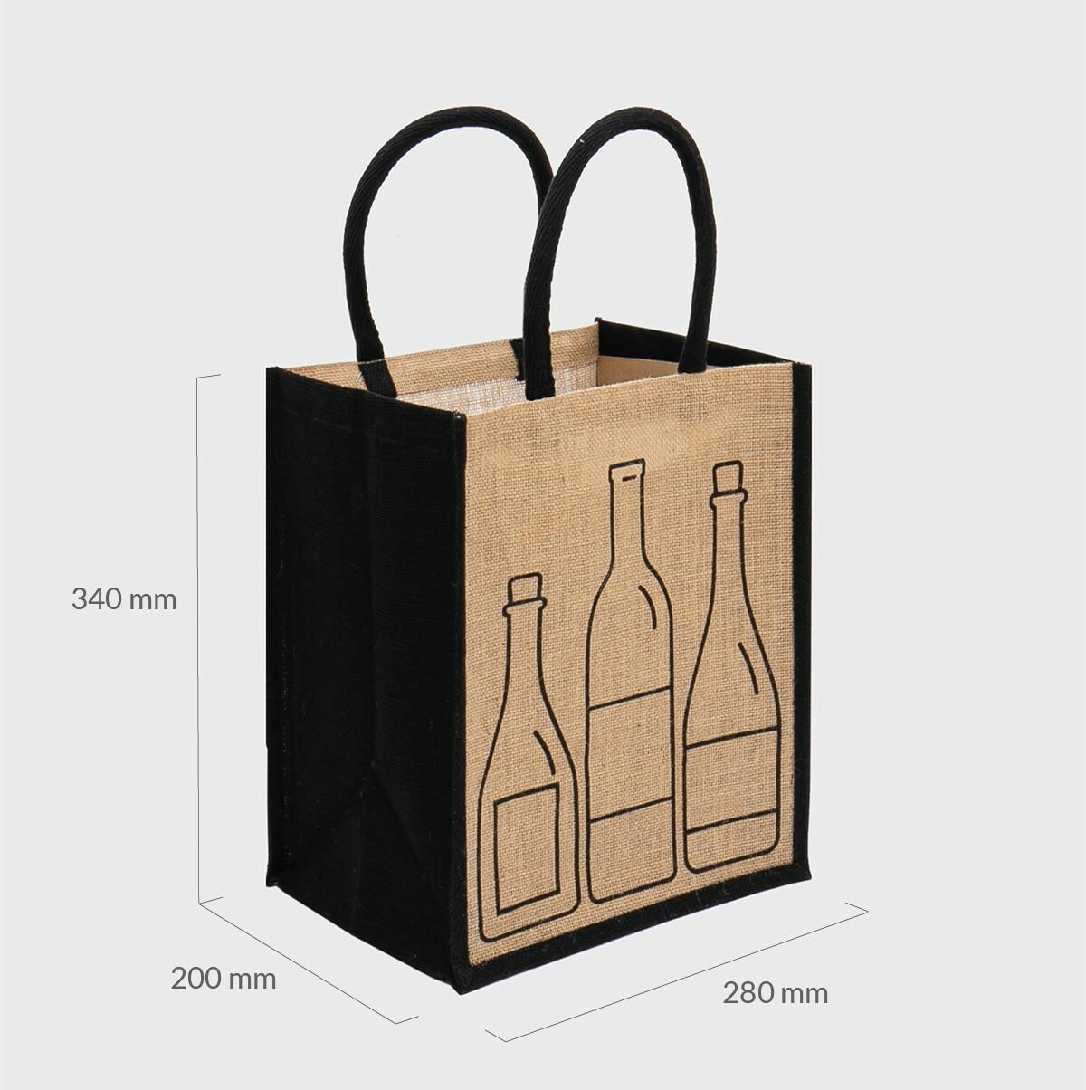 6 bottle printed jute bag with removable dividers.
