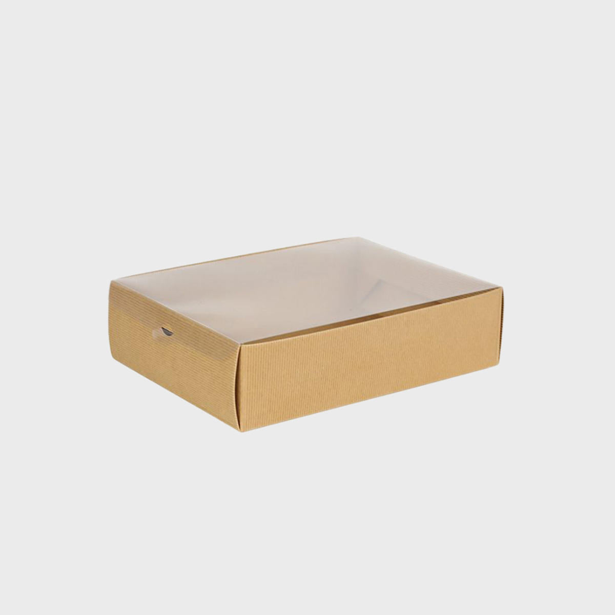 Kraft gift box with clear lid from high-density rigid paperboard.