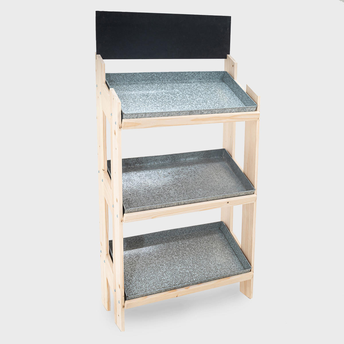 Norwood 3-shelf stand with galvanised trays and blackboard 820 with a clean surface for visible retail messaging.
