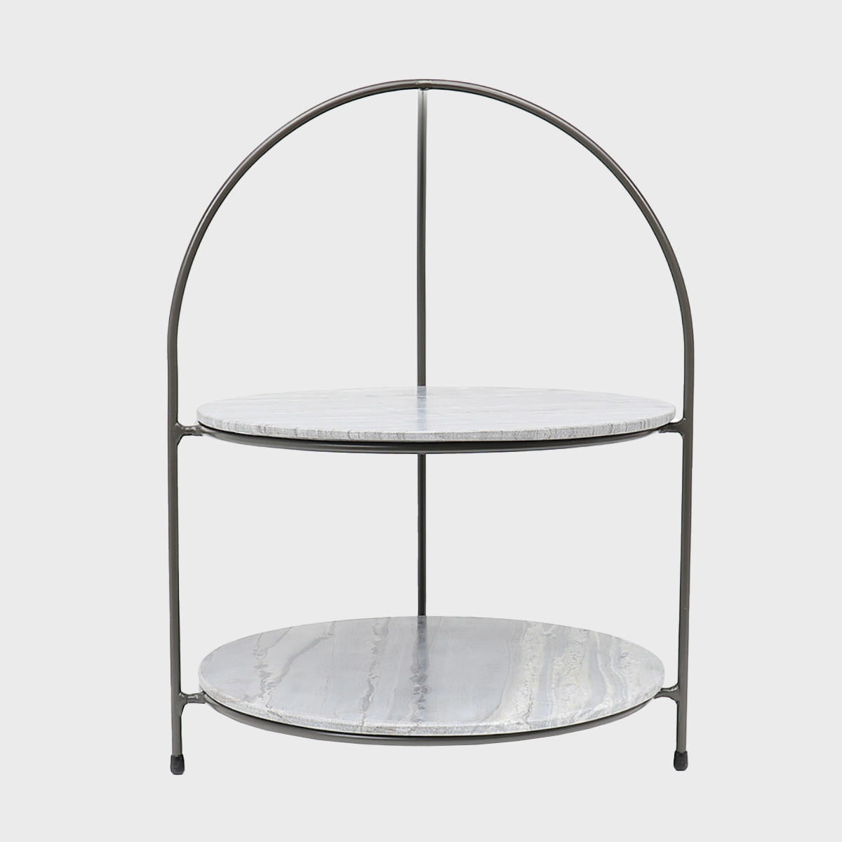 Leander metal tiered riser with dark grey marble serving board with polished grey marble texture adding dimension.