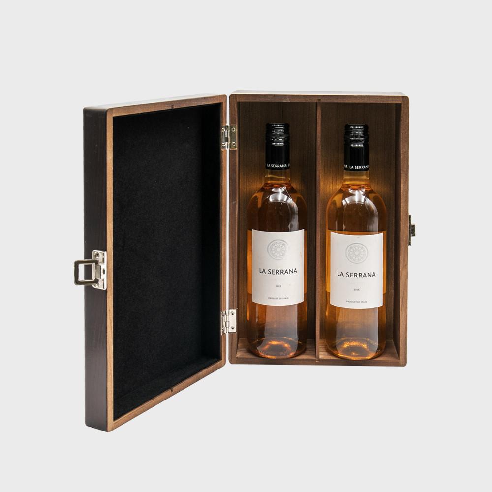 2 Bottle Luxury Elm Wood Box with Black Velvet Lining WLH2N