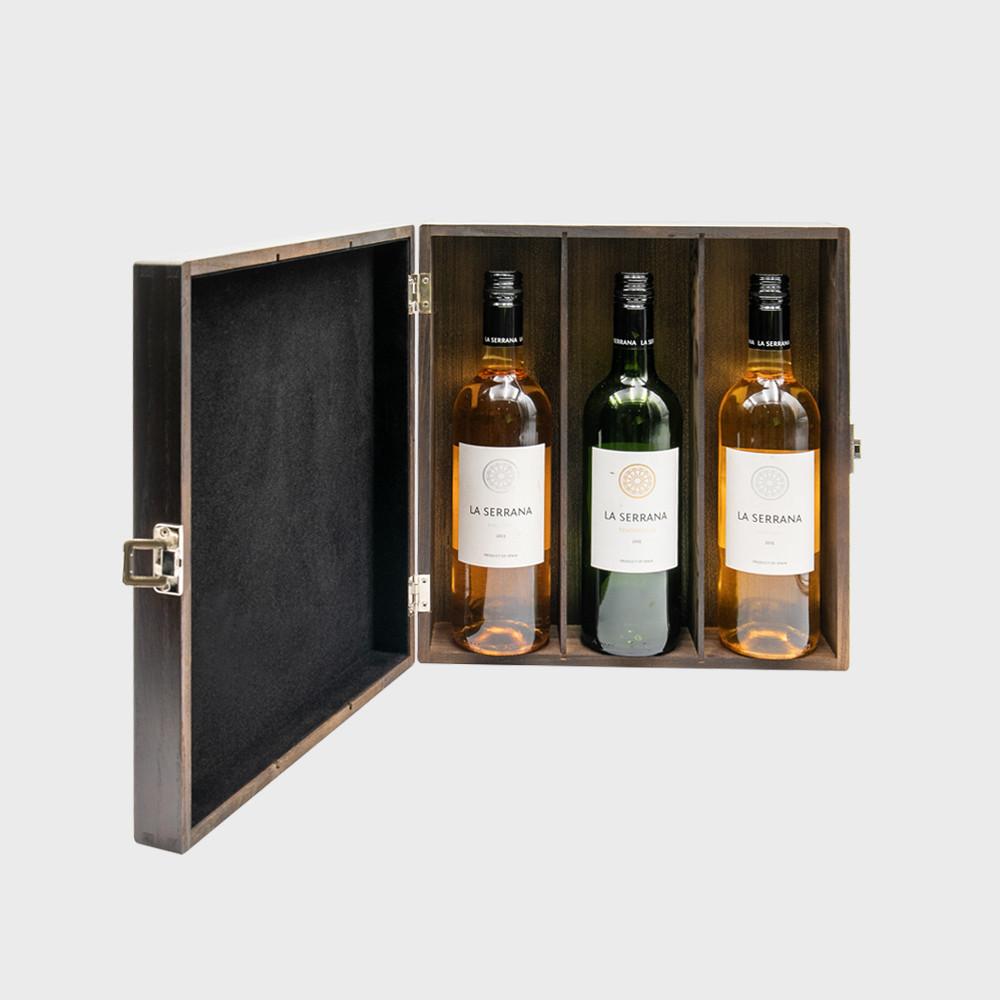 3 Bottle Luxury Elm Wood Box with Black Velvet Lining WLH3N