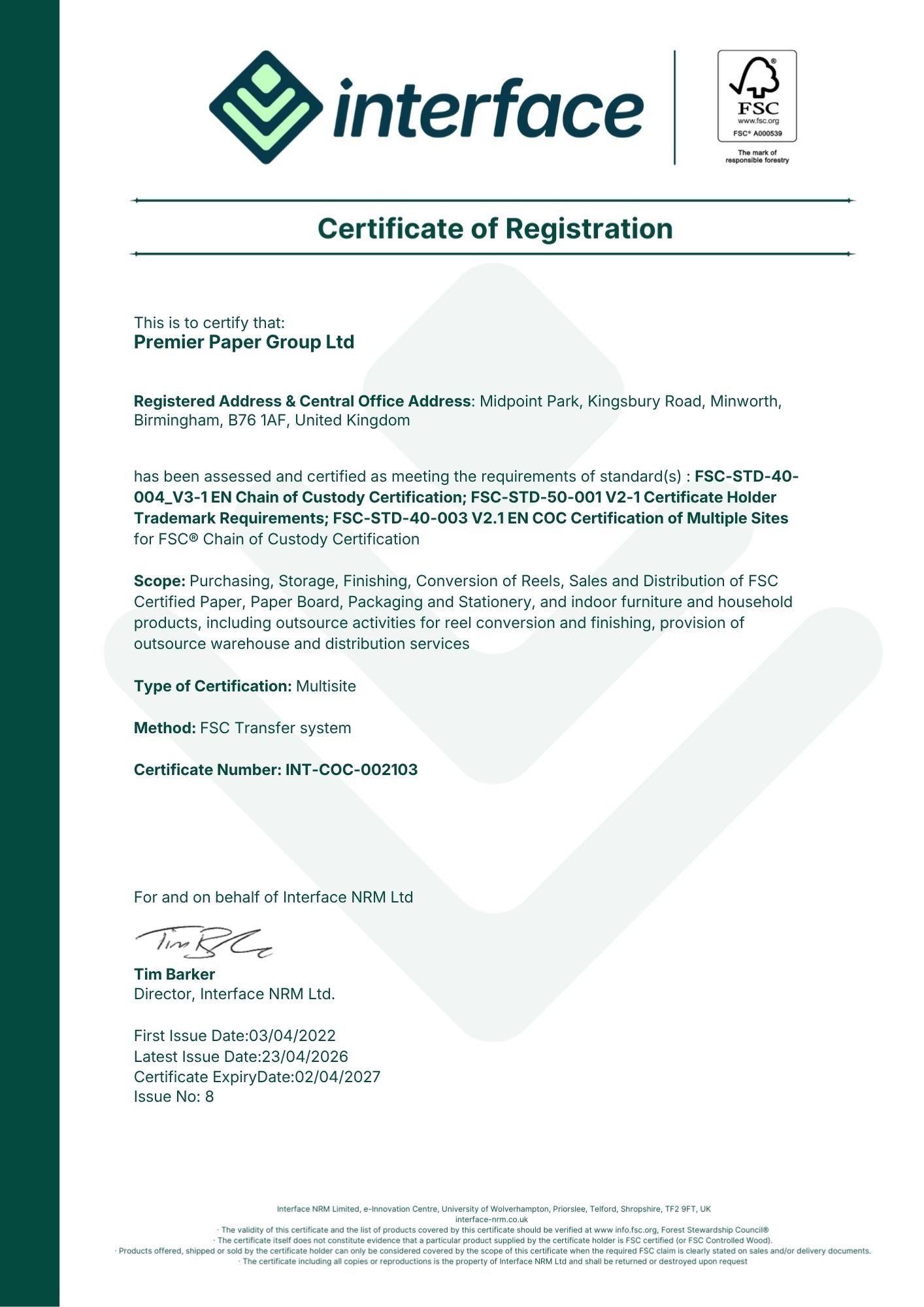 Premier Paper Group Ltd FSC® certification FSC-C023367