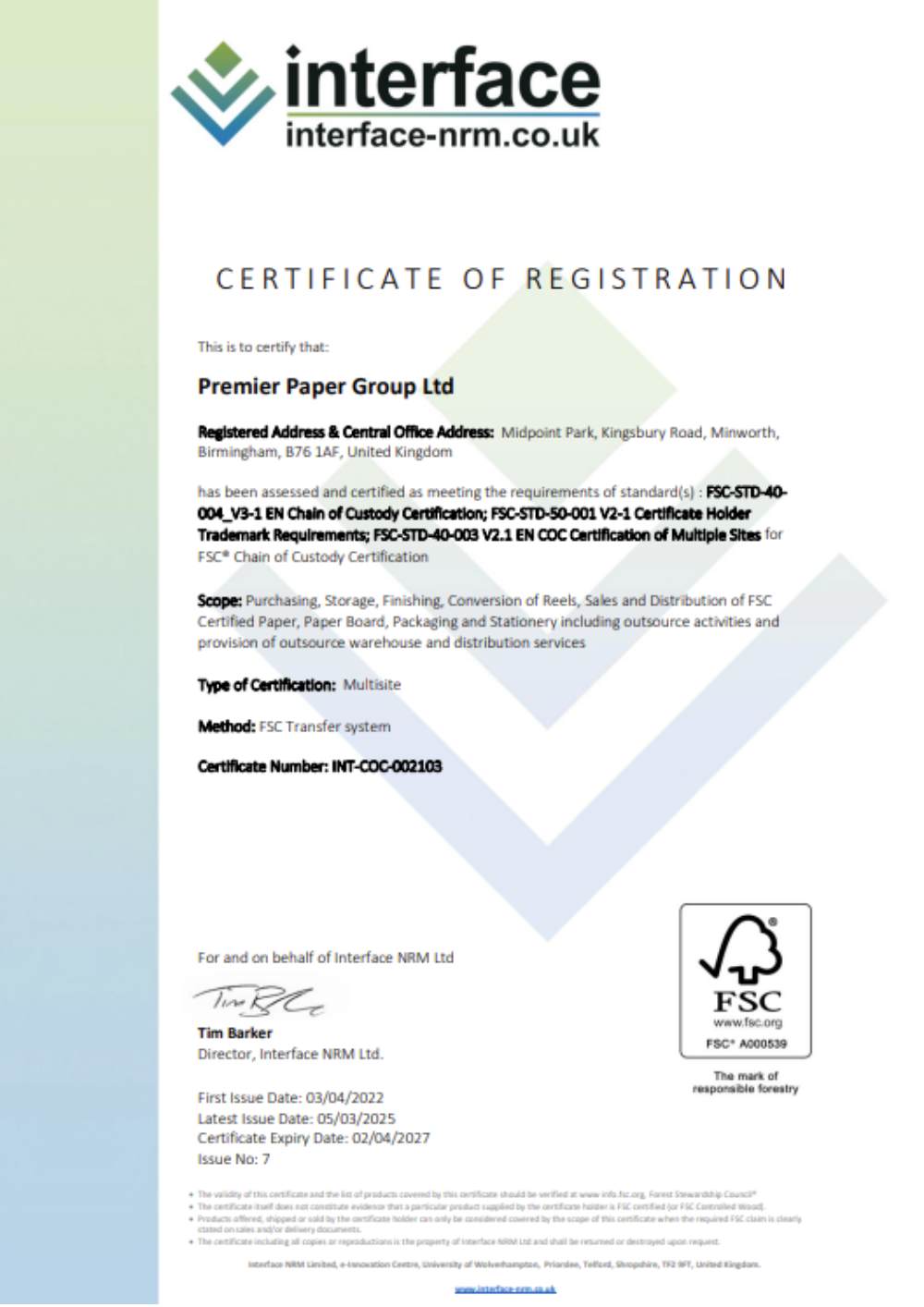 Premier Paper Group Ltd FSC® certification FSC-C023367