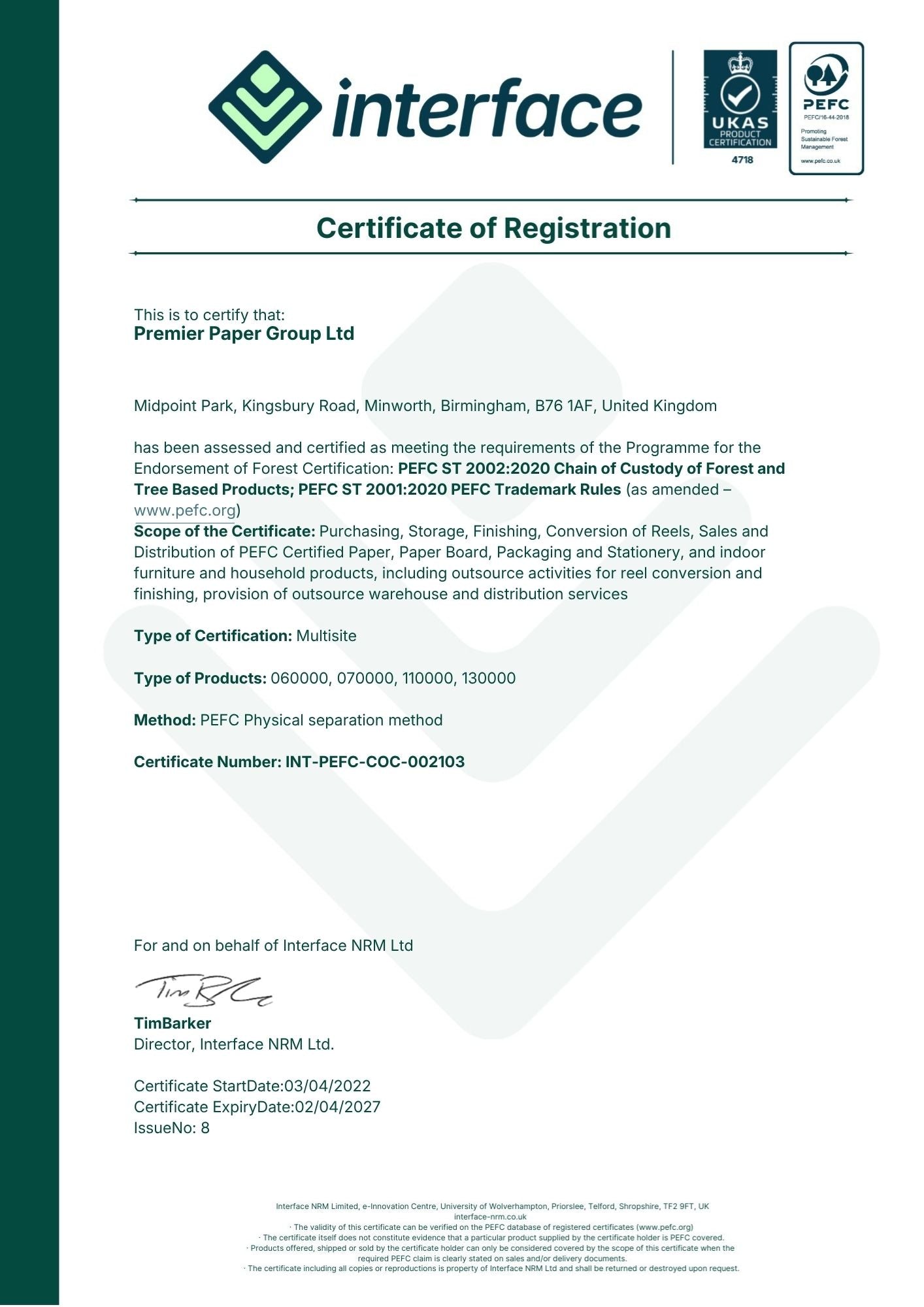 Premier Paper Group Ltd PEFC certification PEFC/16-33-162