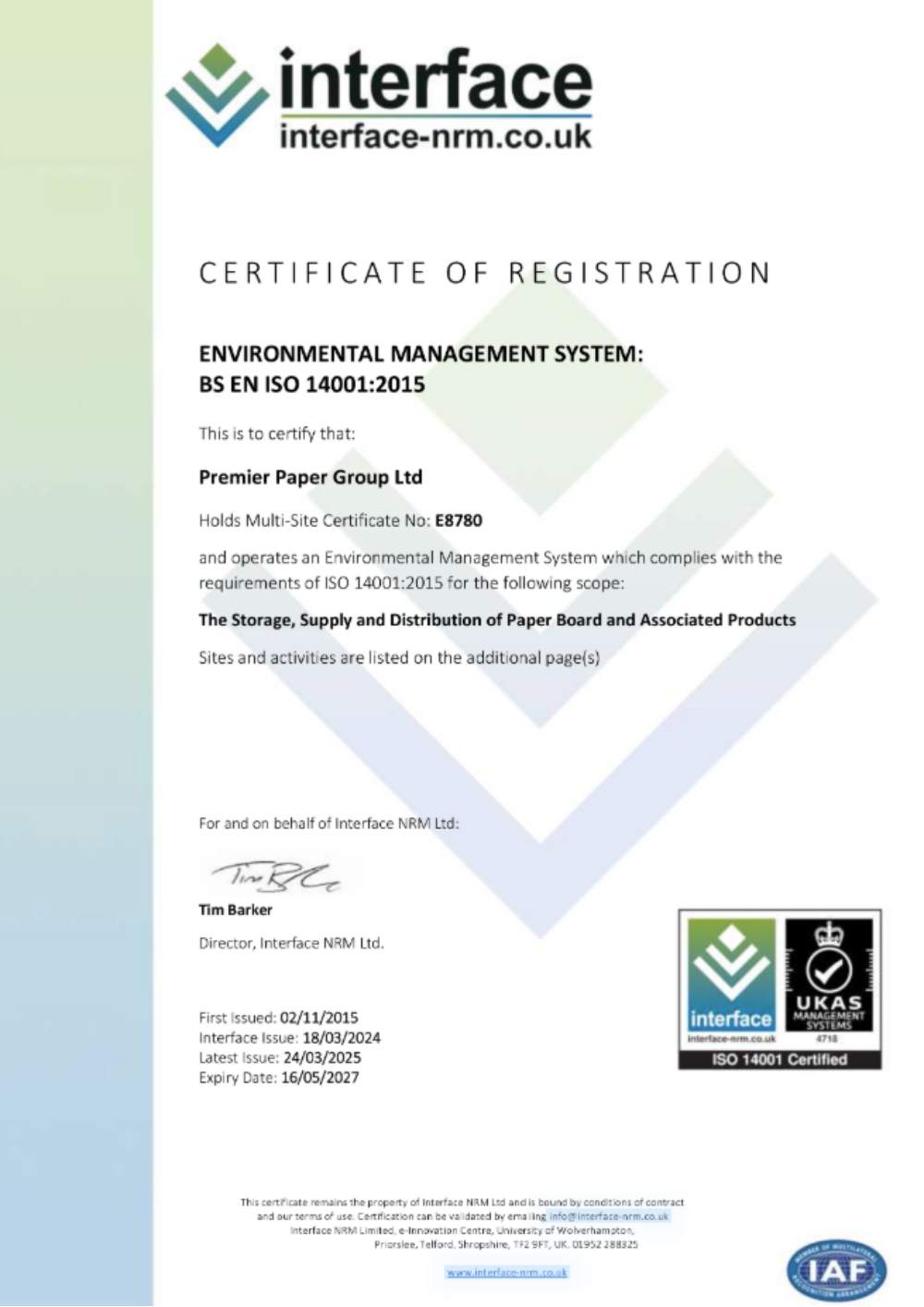 Premier Paper Group Ltd ISO 14001 Certificate