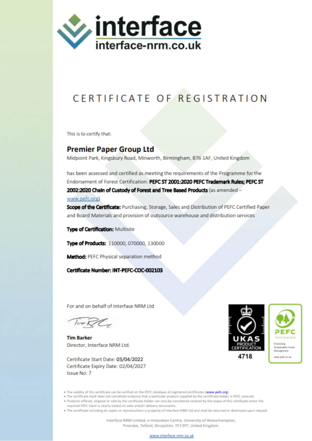 Premier Paper Group Ltd PEFC certification