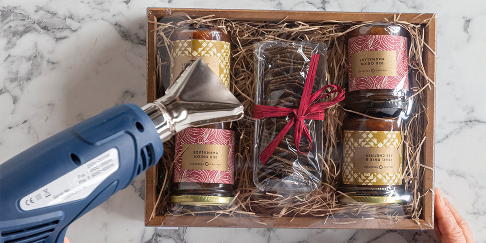 How to shrink wrap hampers with a heat gun