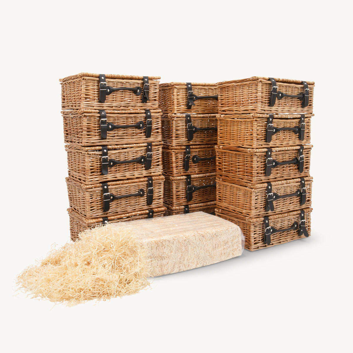 15 x 14 inch wicker hamper and wood wool hand-woven from natural split-wicker.