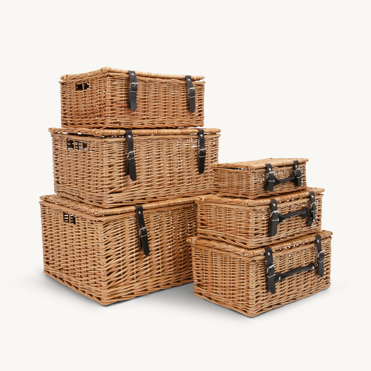 Nested set of 5 wicker hampers 12-24 inch hand-woven from natural split-wicker.