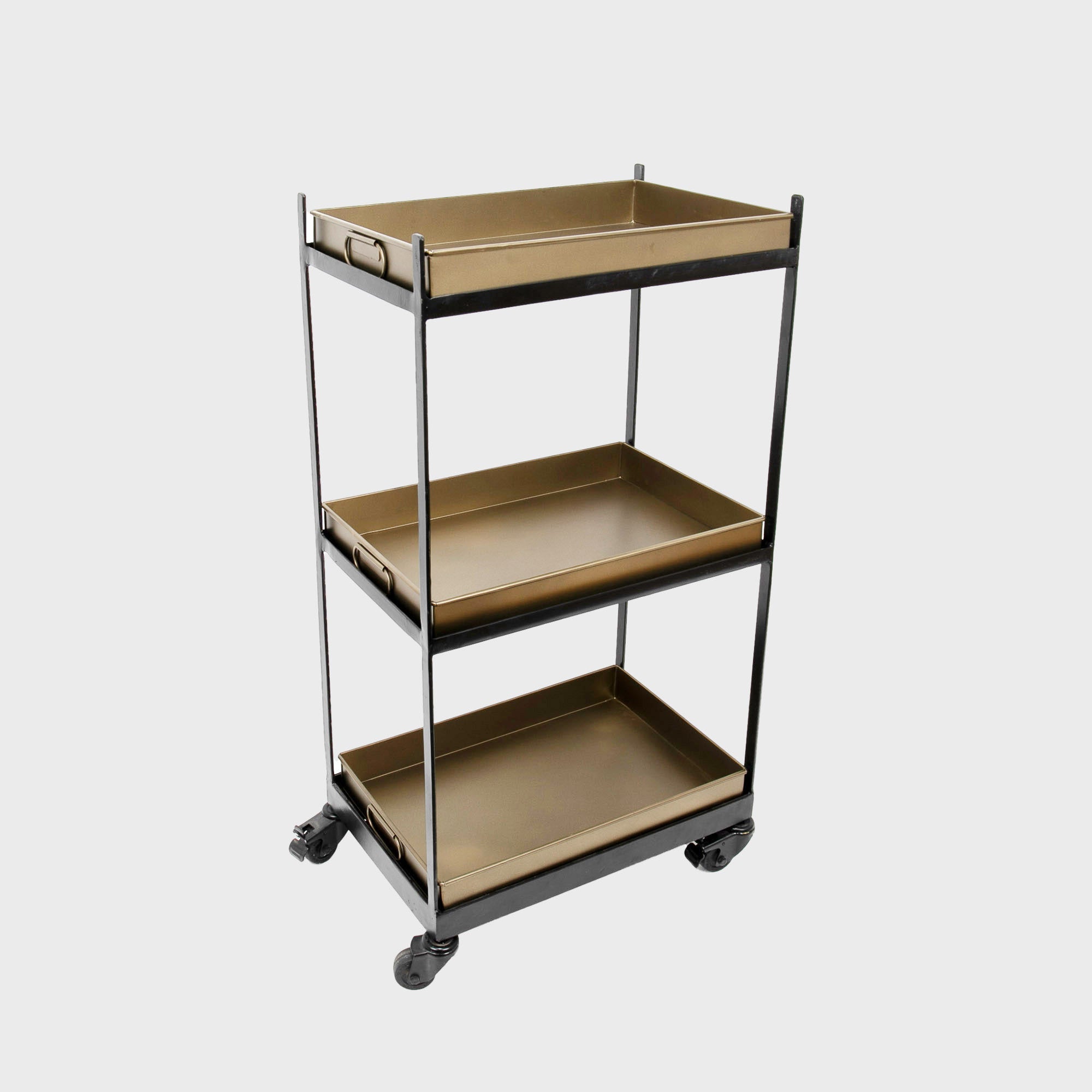 Railton display unit on castors featuring a multi-tiered layout for product positioning.