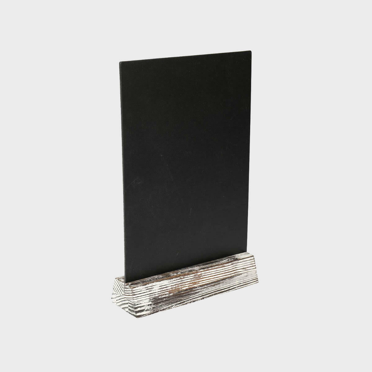 3 Distressed pine stands and chalkboards with a clean surface for visible retail messaging.