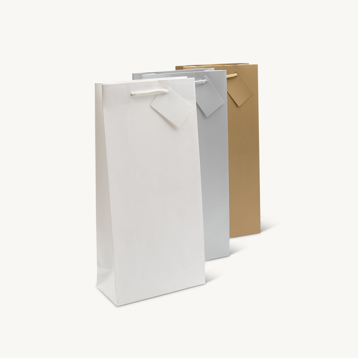 2 Bottle laminated paper gift bag featuring a patterned finish and heavy-duty handles.
