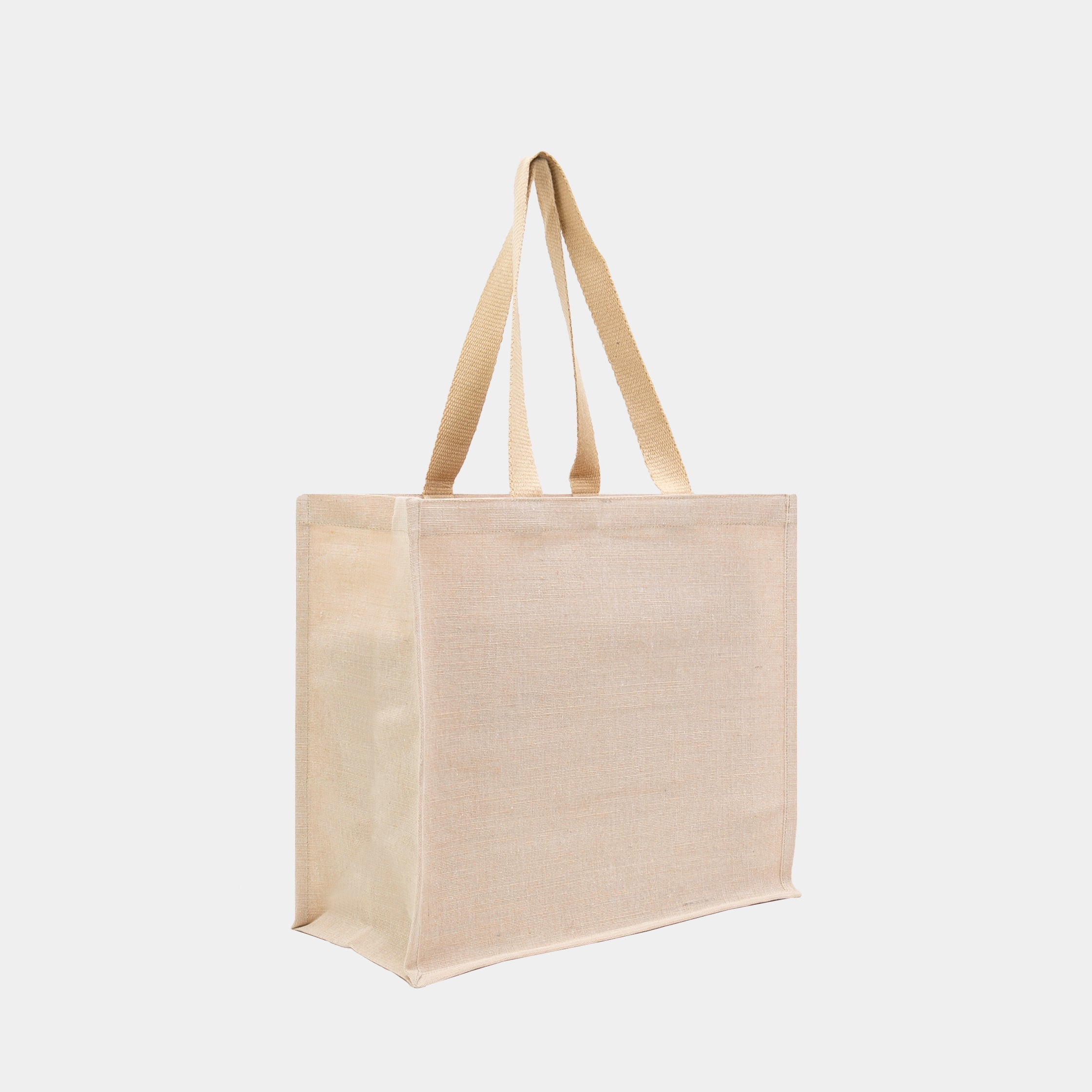 Large stiffened juco bag with webbed handles.
