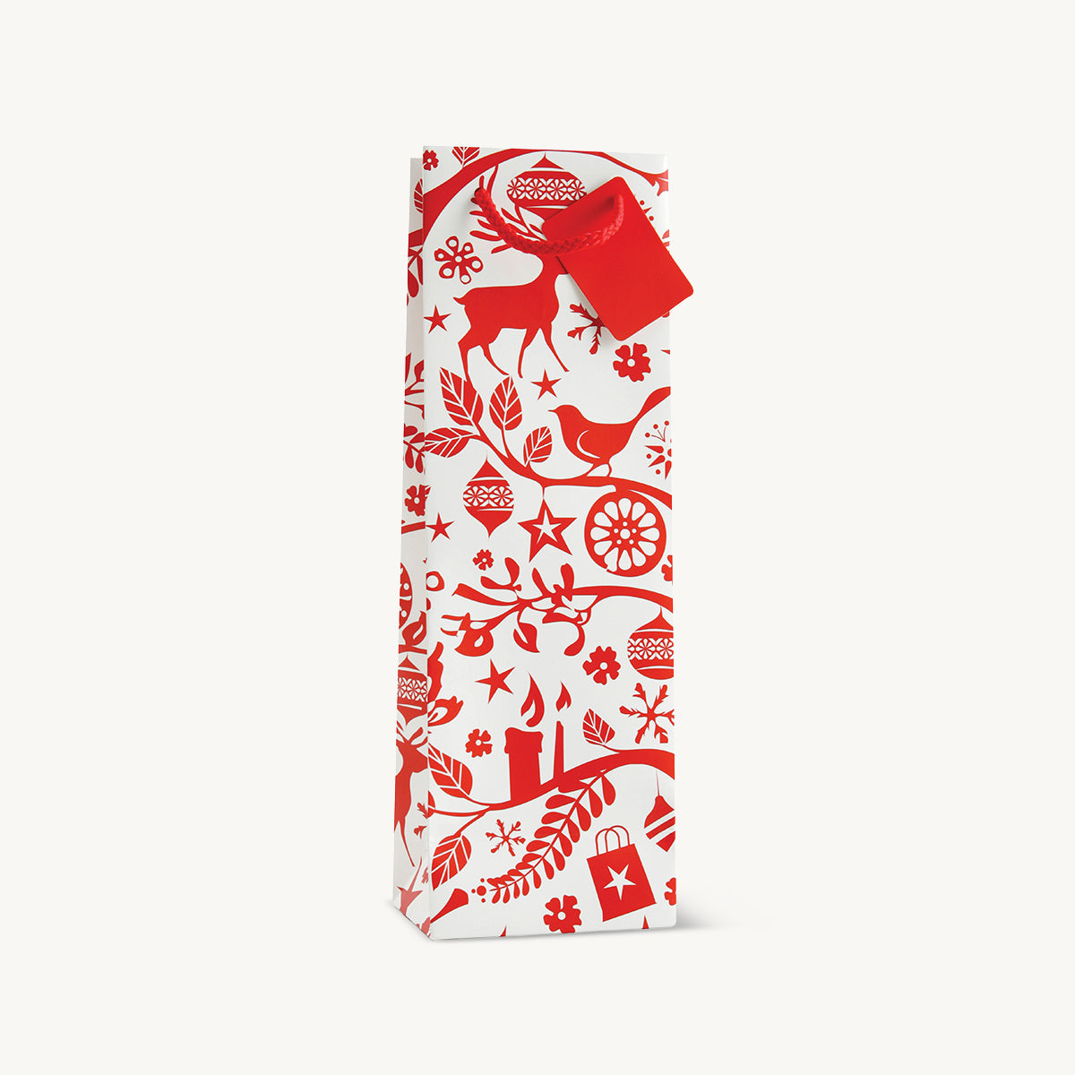 1 bottle red and white Christmas gift bag featuring a patterned finish and heavy-duty handles.