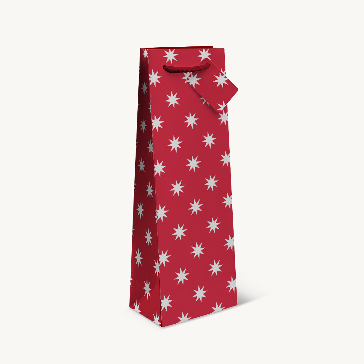 1 bottle red with foil silver star gift bag featuring a patterned finish and heavy-duty handles.