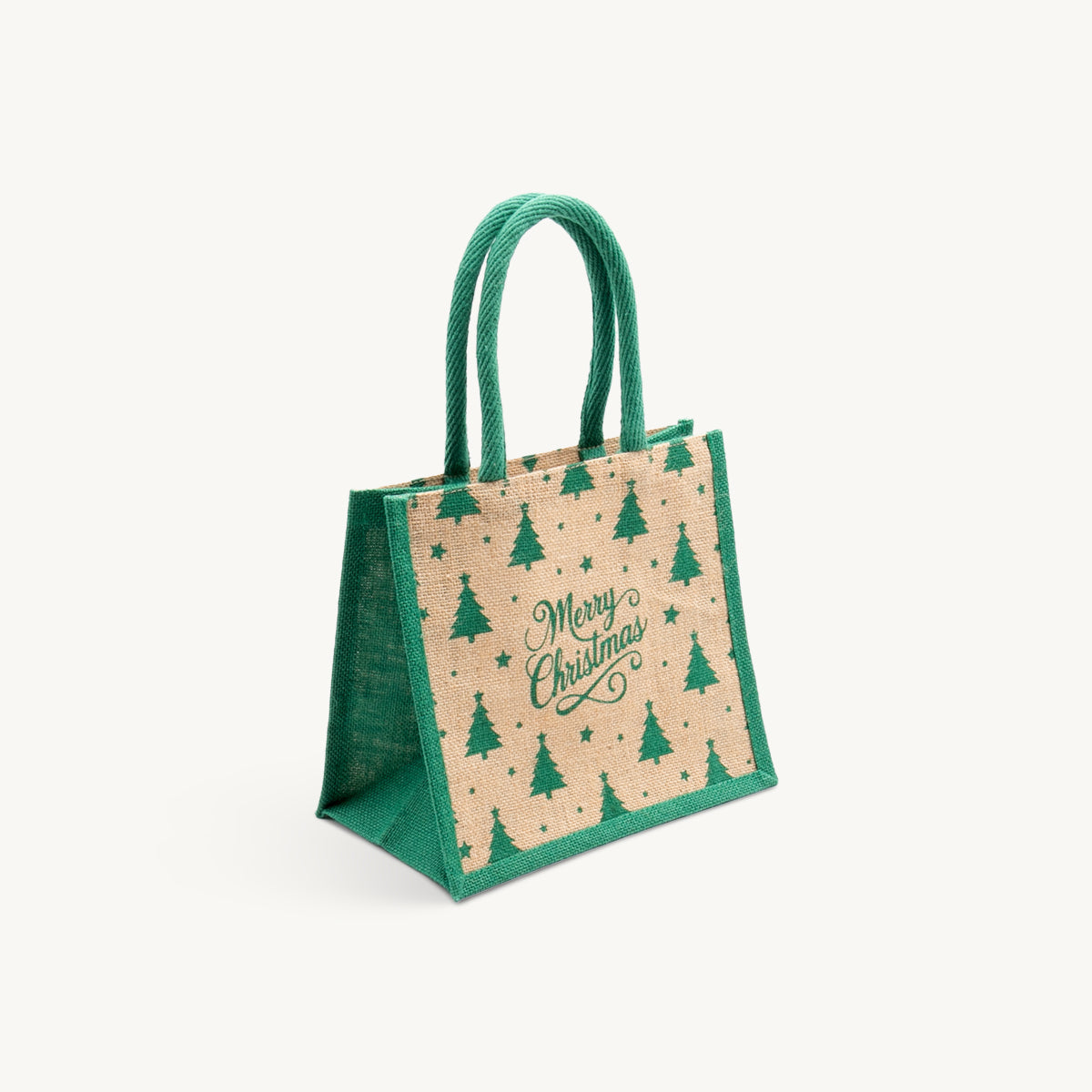 Small natural jute Christmas joy gift bag featuring a patterned finish and heavy-duty handles.