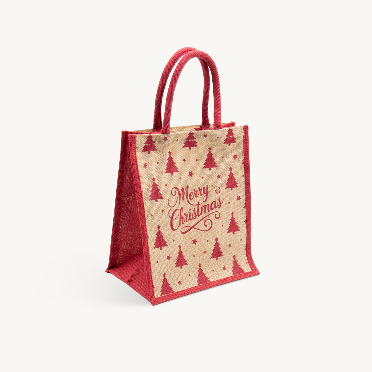 Medium natural jute Christmas joy gift bag featuring a patterned finish and heavy-duty handles.