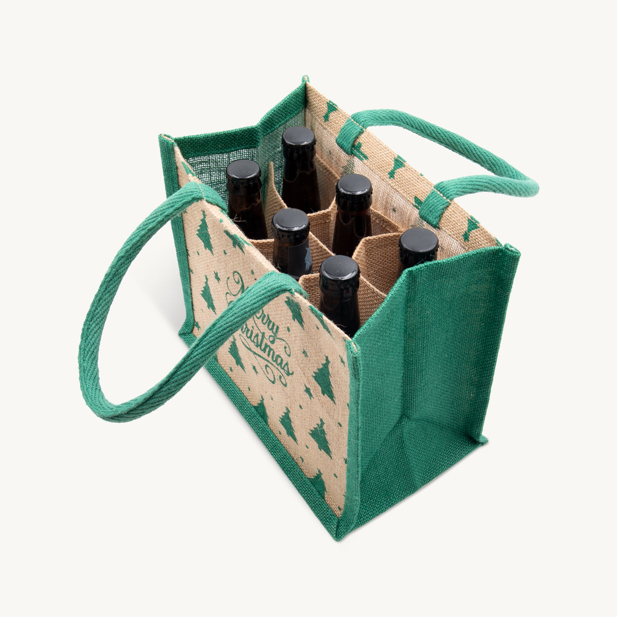 6 bottle natural jute Merry Christmas beer bag.