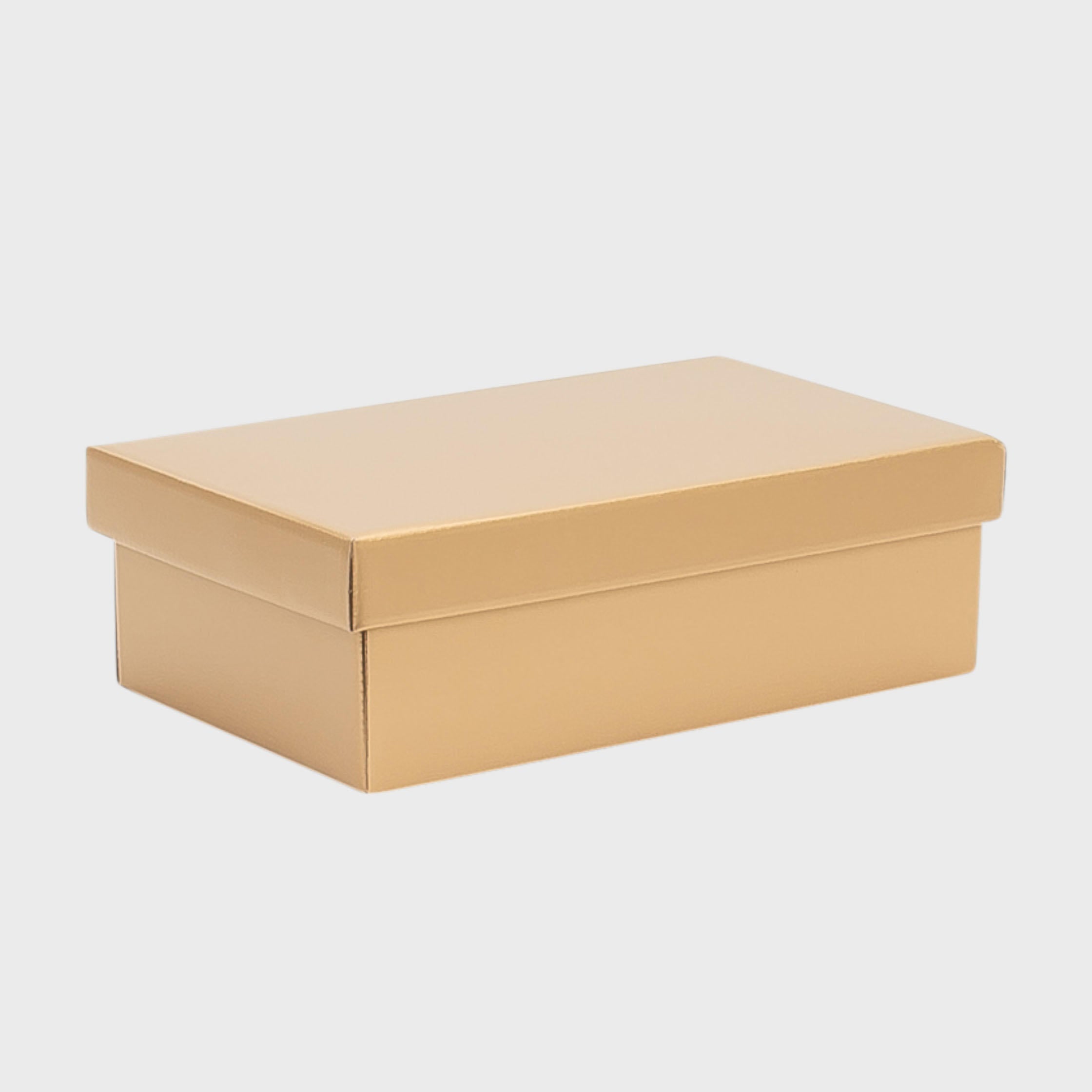 Small 12 inch gold gift box with drop on lid from high-density rigid paperboard.
